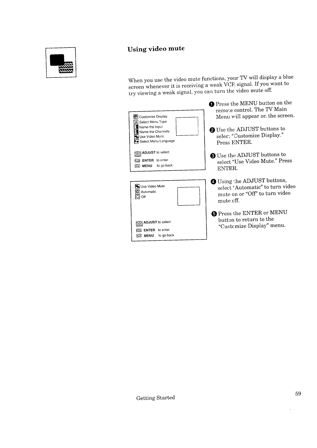 Mitsubishi Electronics CS-40307, CK-35308, CK-32307, CS-35207 manual Using video mute 