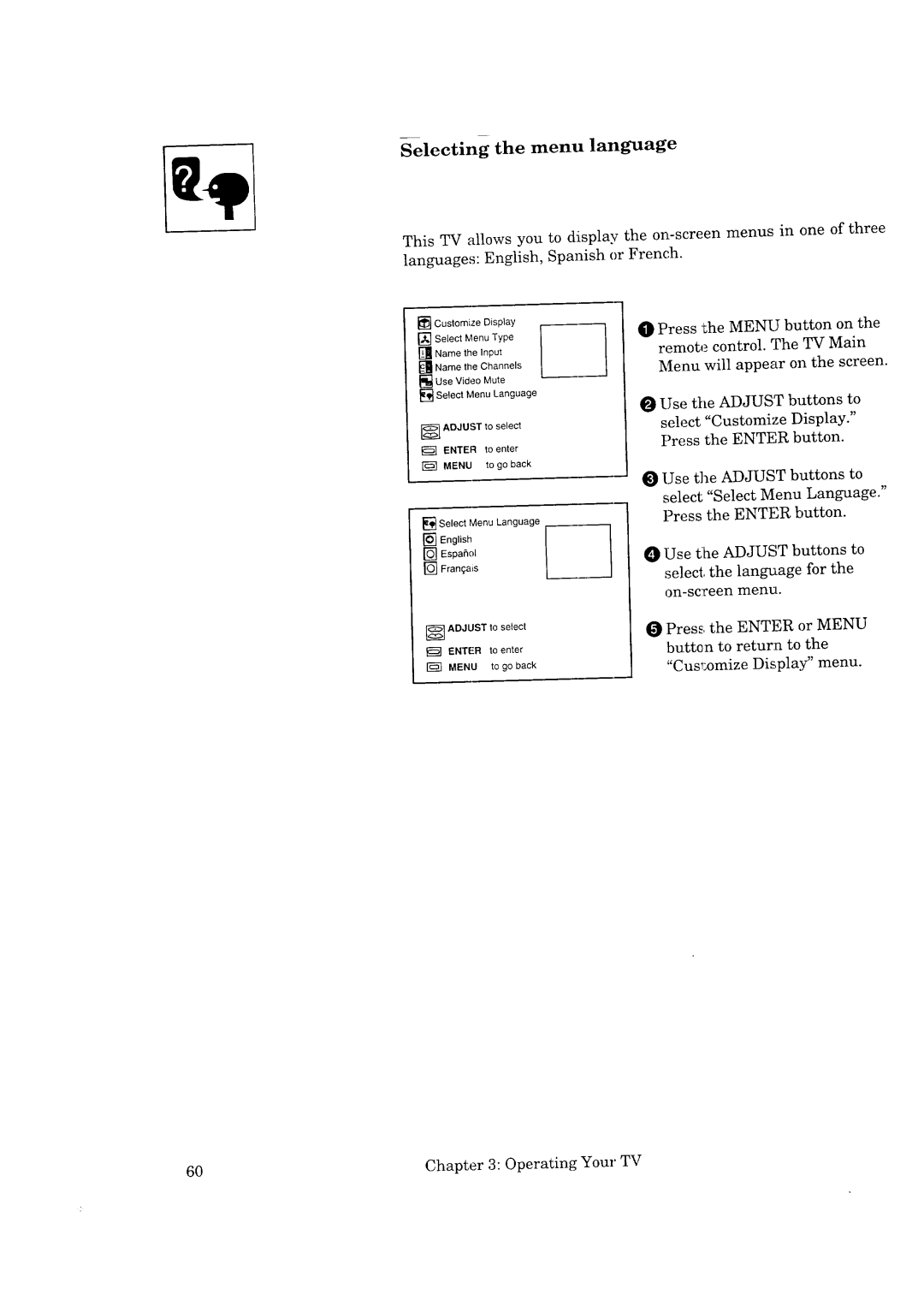 Mitsubishi Electronics CK-35308, CK-32307, CS-35207, CS-40307 manual Selecting the menu language 