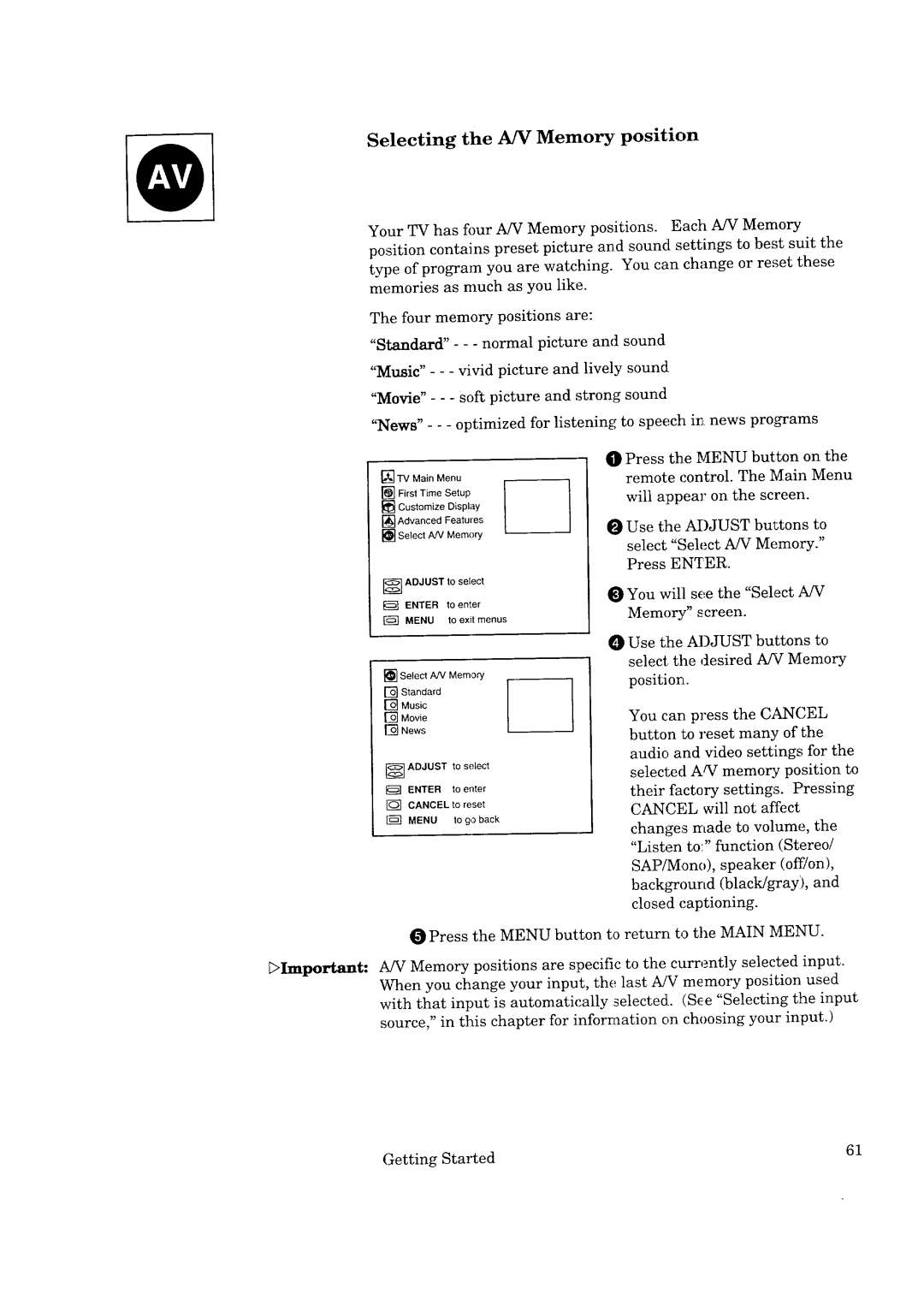 Mitsubishi Electronics CK-32307, CK-35308, CS-35207, CS-40307 manual Selecting the A/V Memory position 