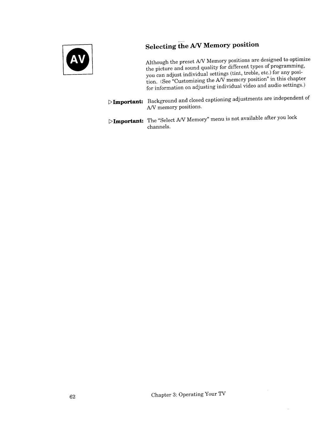 Mitsubishi Electronics CS-35207, CK-35308, CK-32307, CS-40307 manual Selecting the A/V Memory. position 