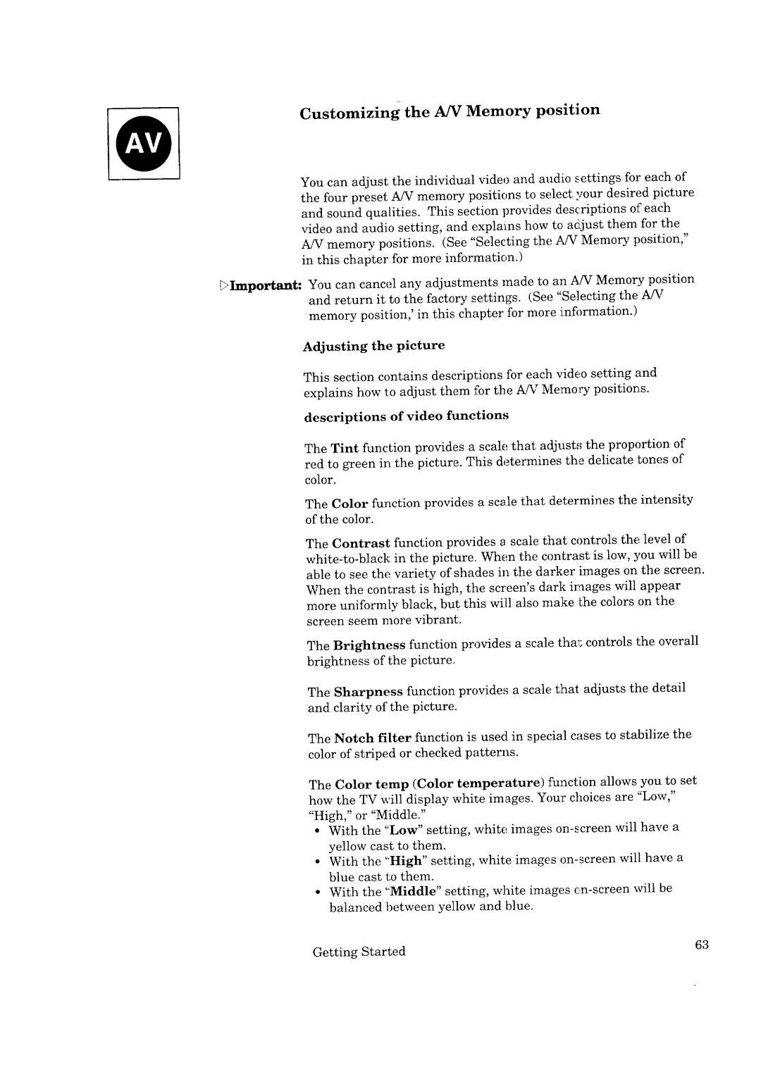 Mitsubishi Electronics CS-40307 Customizing the AN Memory position, Adjusting Picture, Descriptions of video functions 