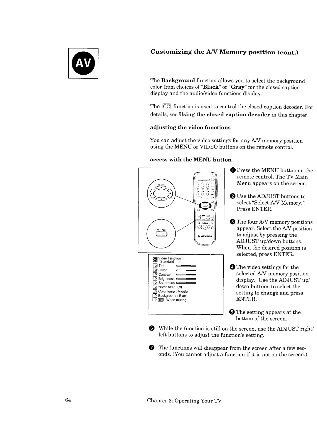 Mitsubishi Electronics CK-35308, CK-32307, CS-35207 manual Customizing the A/V Memory position, Adjusting the video functions 