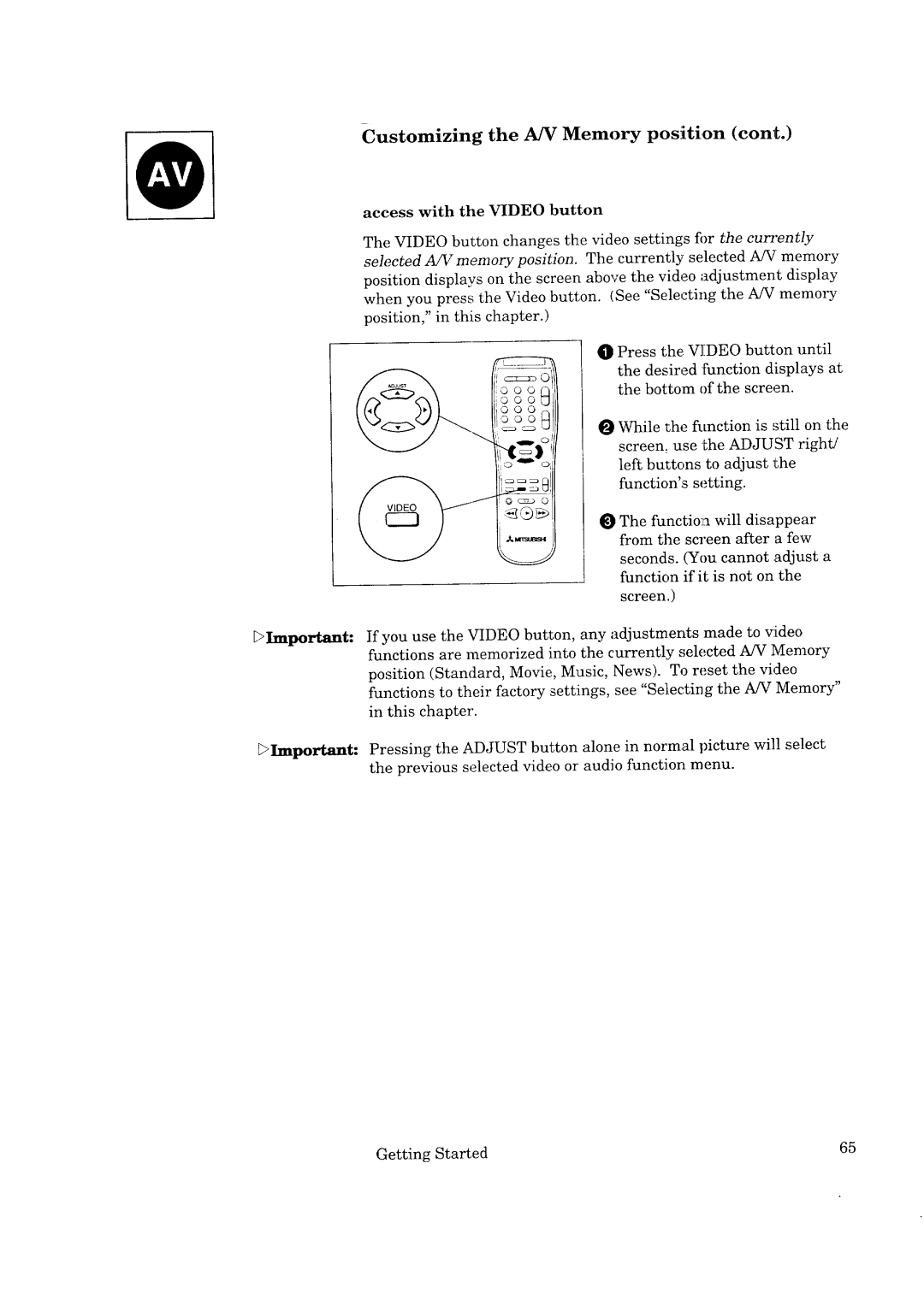 Mitsubishi Electronics CK-32307, CK-35308, CS-35207, CS-40307 manual Access with the Video button, Adjust 