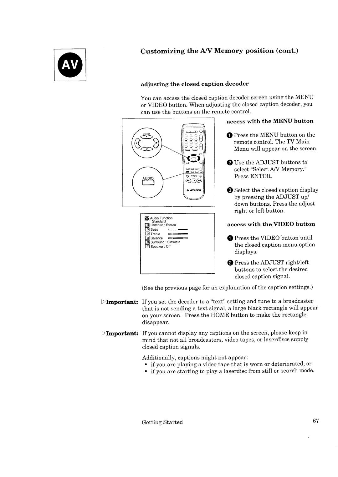 Mitsubishi Electronics CS-40307, CK-35308, CK-32307, CS-35207 manual OooJ, Adjusting the closed caption decoder 