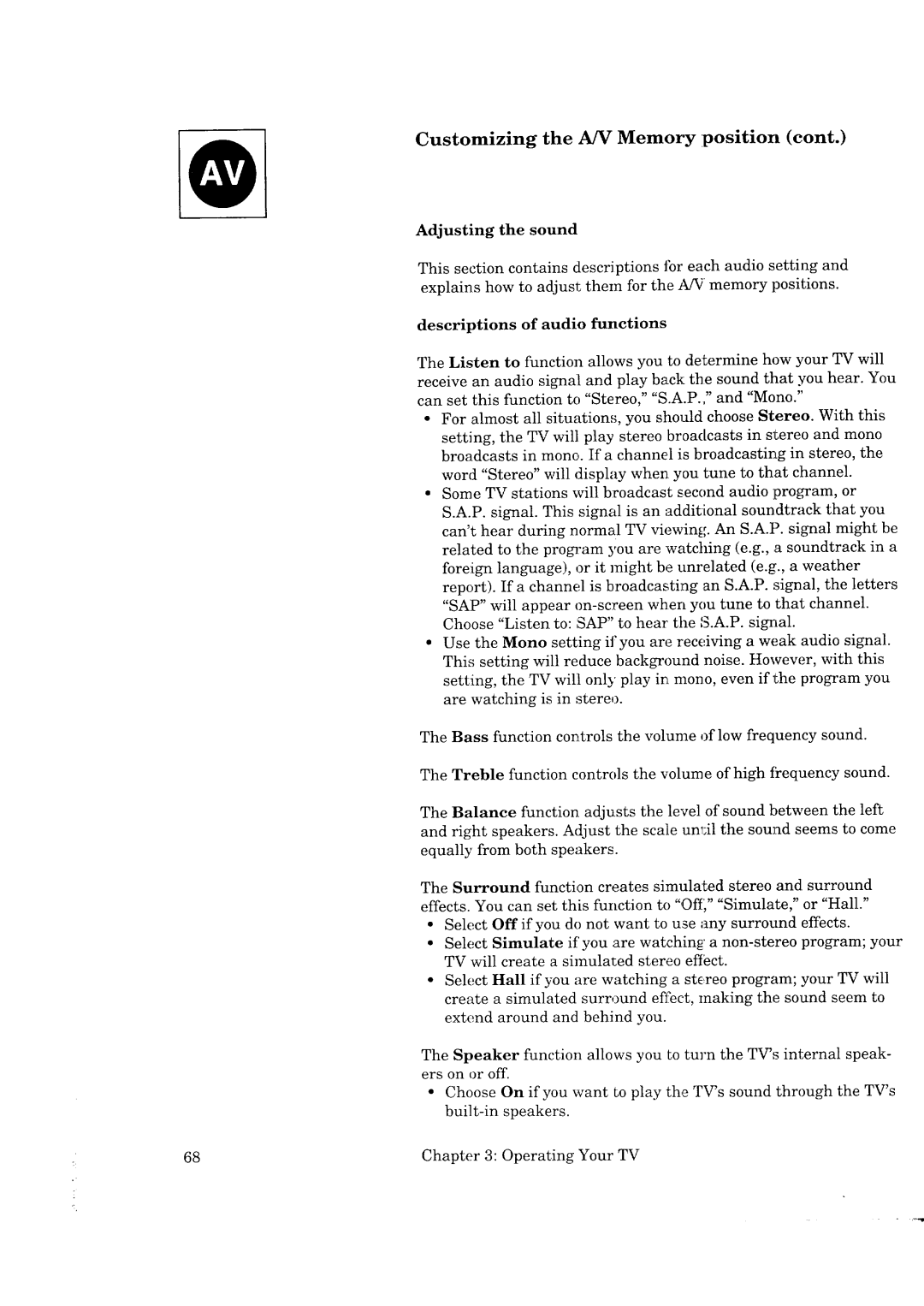 Mitsubishi Electronics CK-35308, CK-32307 Customizing the A/V MemorT position, Descriptions of audio functions, Surround 