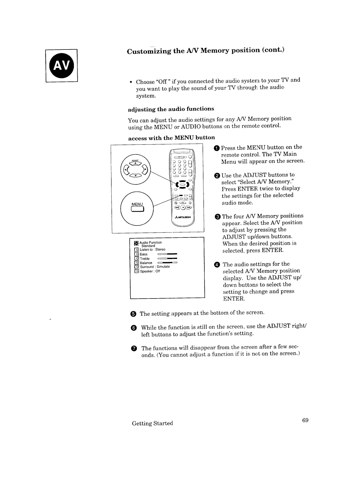 Mitsubishi Electronics CK-32307, CK-35308, CS-35207 manual Customizing the A/V Memory position, Adjusting the audio functions 