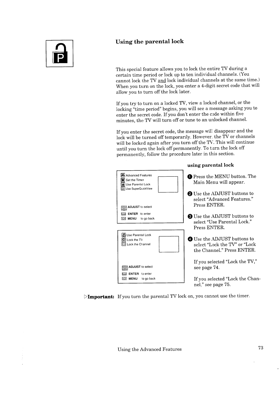 Mitsubishi Electronics CK-32307, CK-35308, CS-35207, CS-40307 manual Using the parental lock, Using parental lock 