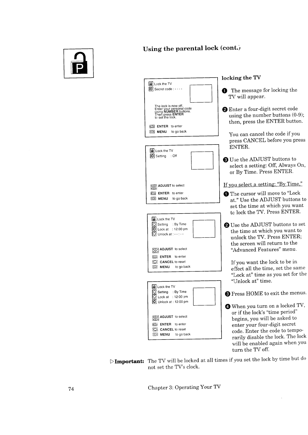 Mitsubishi Electronics CS-35207, CK-35308, CK-32307, CS-40307 manual Using the parental lock, Locking the TV 