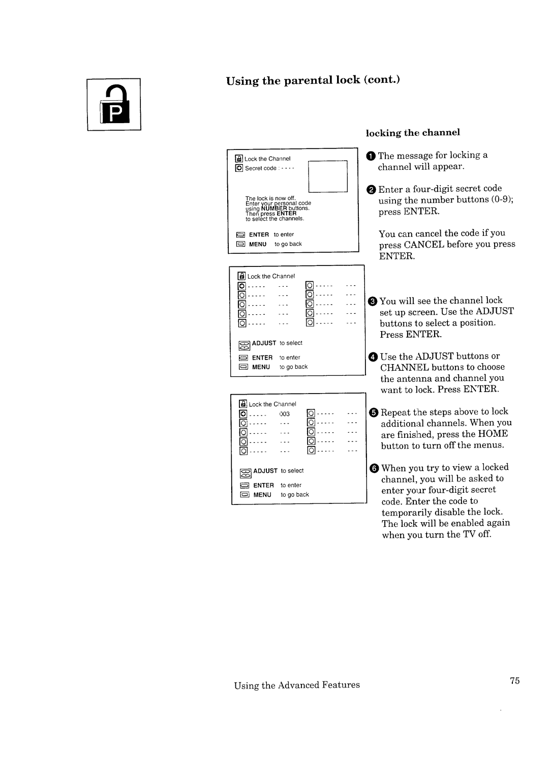 Mitsubishi Electronics CS-40307, CK-35308, CK-32307, CS-35207 manual 003, Locking the channel 