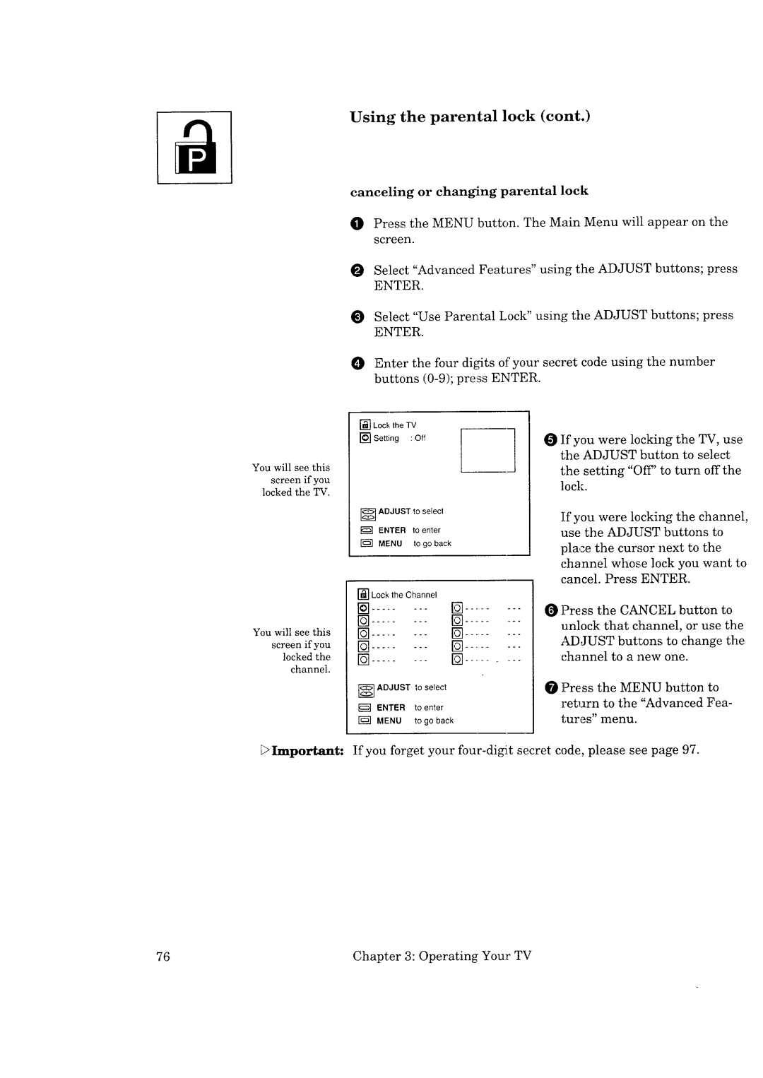 Mitsubishi Electronics CK-35308, CK-32307, CS-35207, CS-40307 manual Select Use Parental Lock using tile Adjust buttons press 