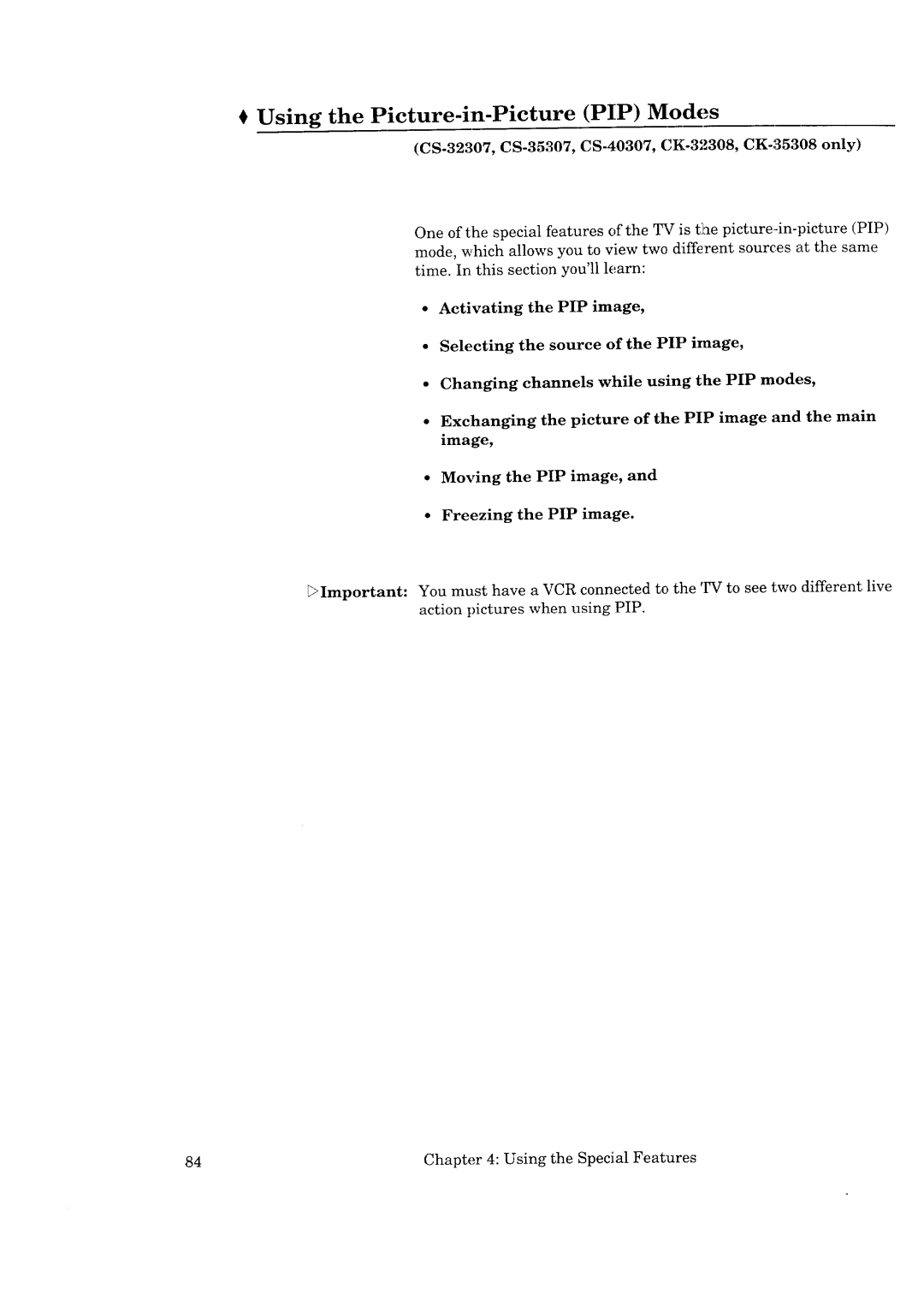 Mitsubishi Electronics CK-35308, CK-32307, CS-35207, CS-40307 manual Using Picture-in-Picture PIP Modes 