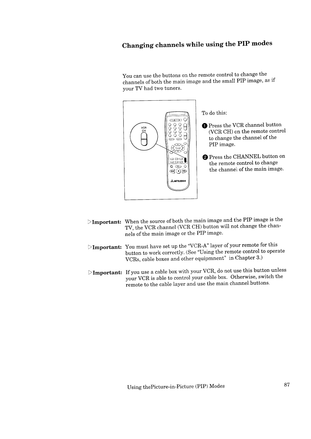 Mitsubishi Electronics CS-40307, CK-35308, CK-32307, CS-35207 manual Changing channels while using the PIP modes 