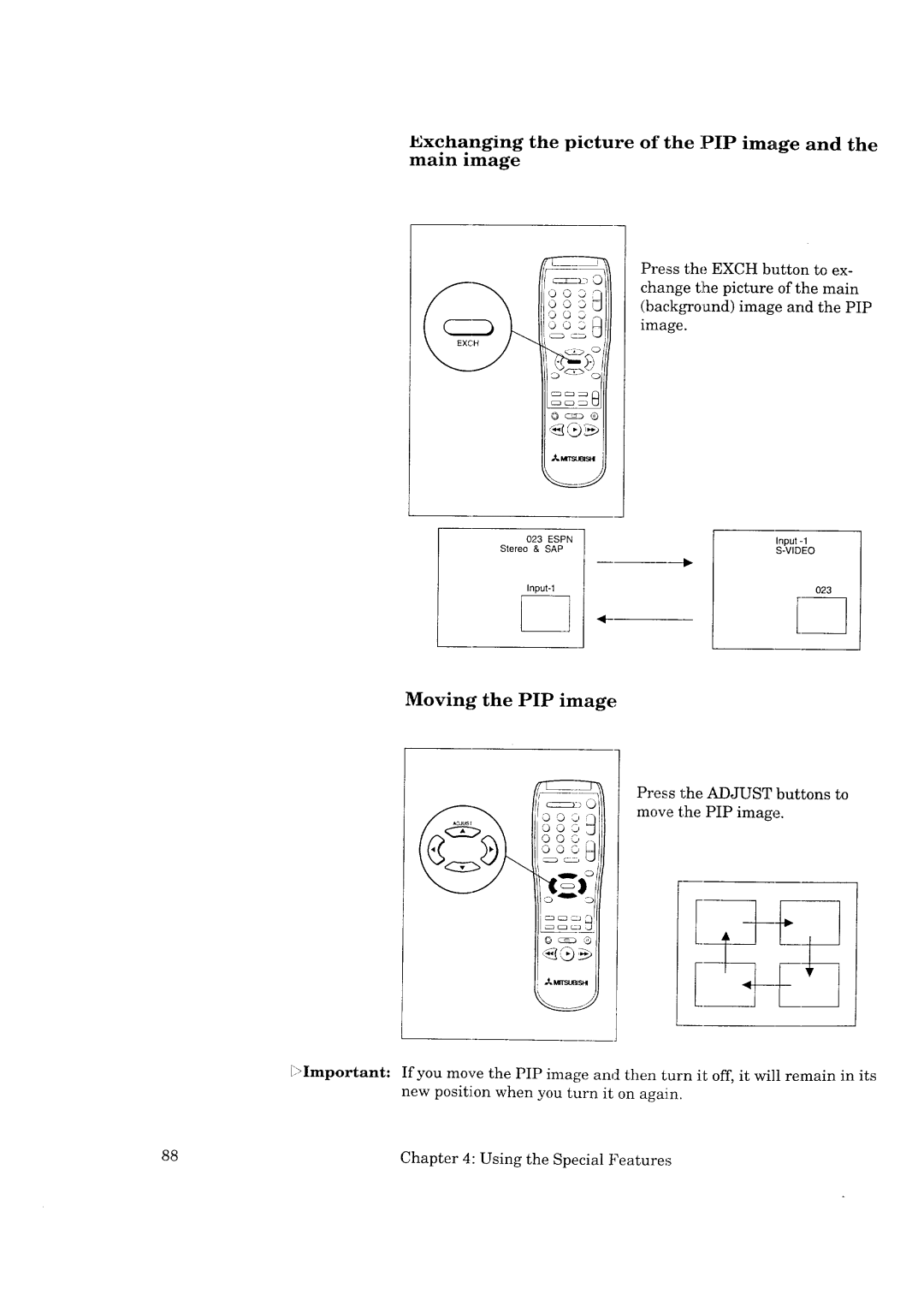 Mitsubishi Electronics CK-35308, CK-32307, CS-35207, CS-40307 Moving the PIP image, Exchanging the picture of the PIP image 