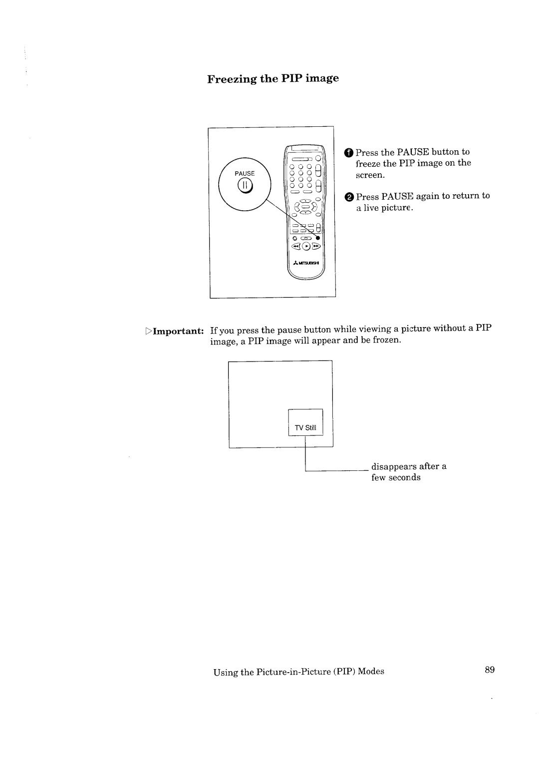 Mitsubishi Electronics CK-32307, CK-35308, CS-35207, CS-40307 manual Freezing the PIP image 