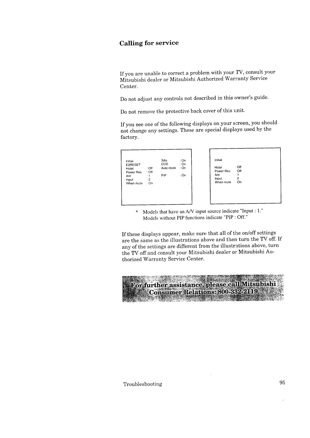 Mitsubishi Electronics CS-35207, CK-35308, CK-32307, CS-40307 manual Calling for service 