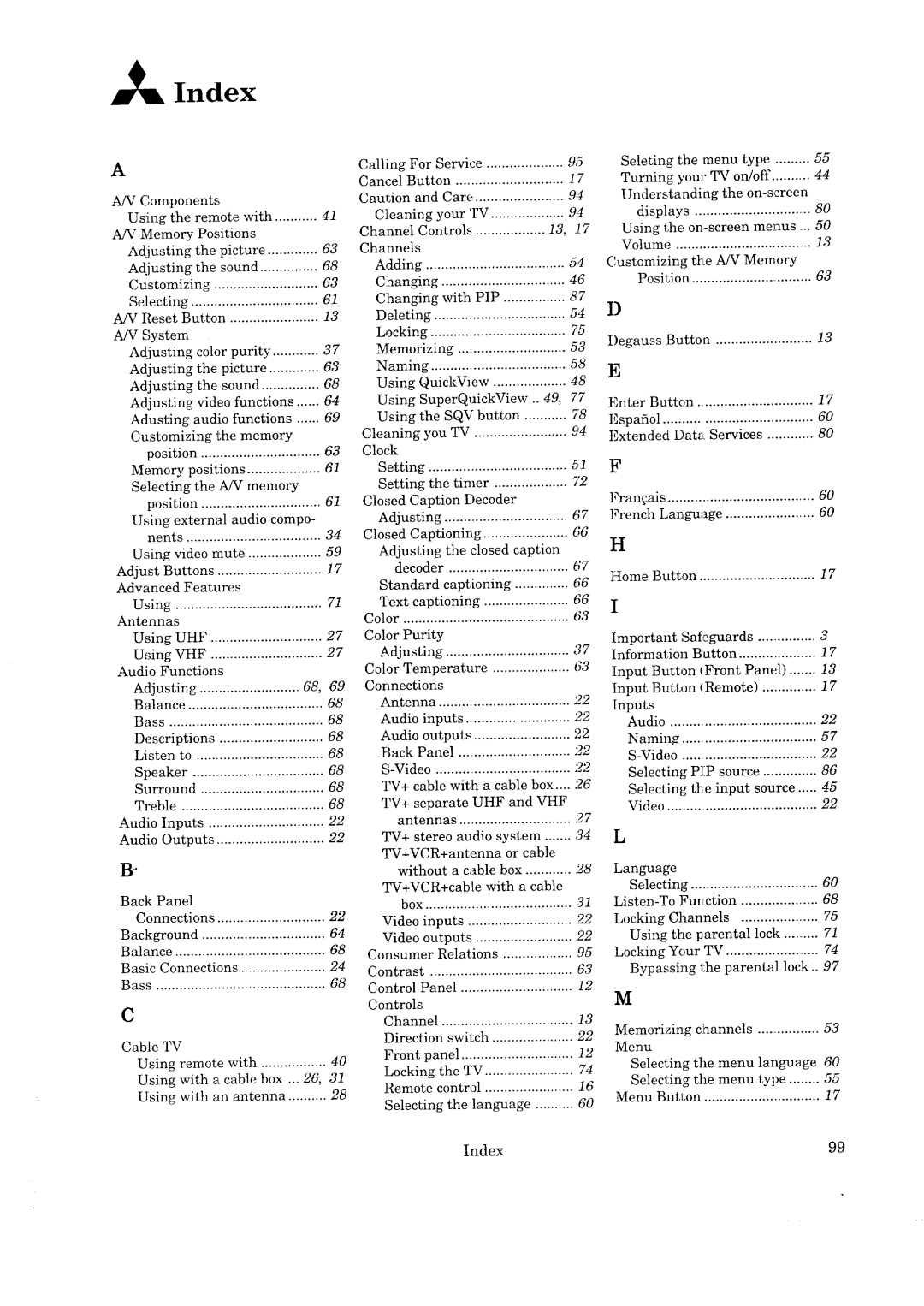 Mitsubishi Electronics CK-35308, CK-32307, CS-35207, CS-40307 manual Index 