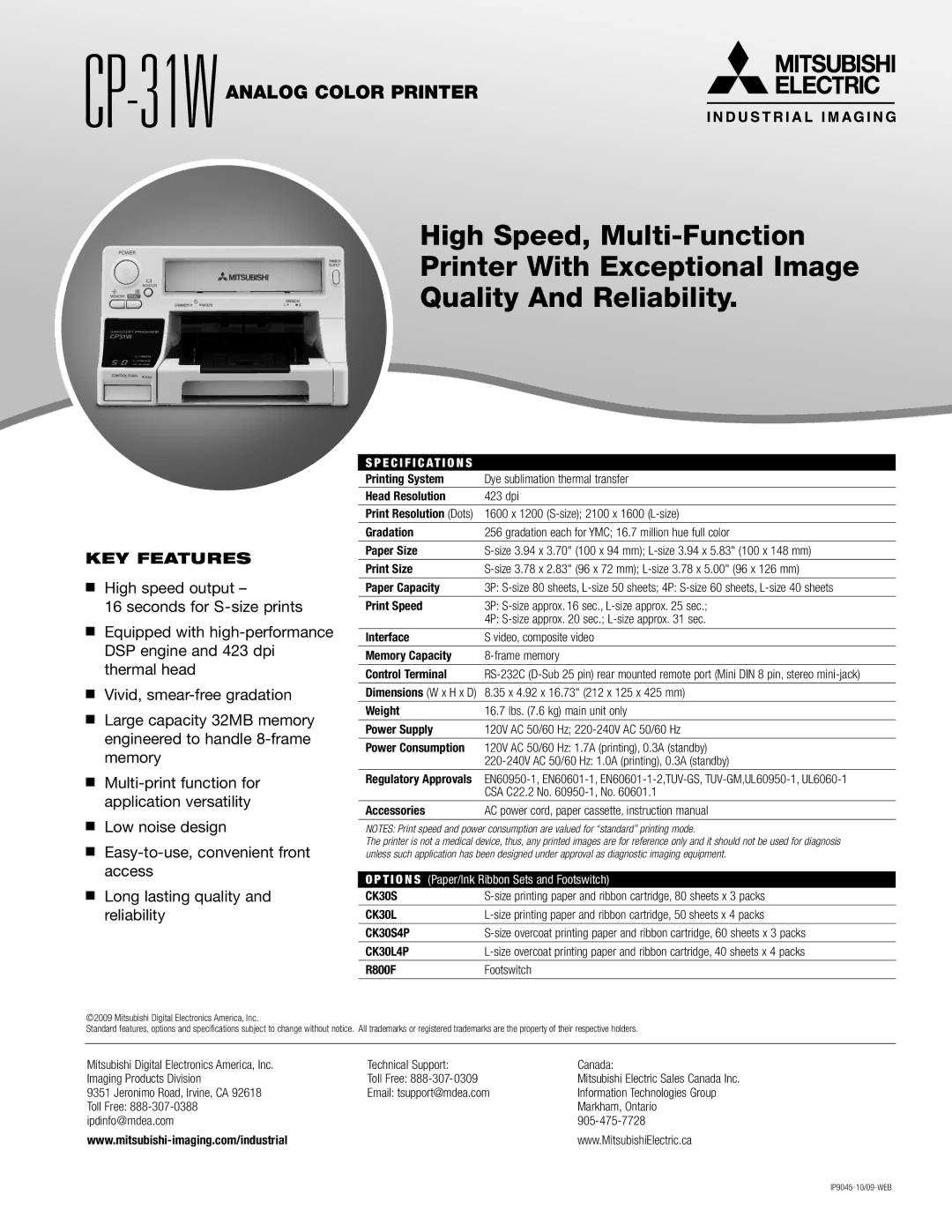 Mitsubishi Electronics CP-31W specifications KEY Features, Long lasting quality, Reliability, Specifications 