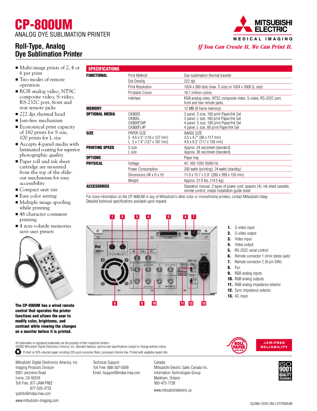 Mitsubishi Electronics CP-800UM Functional, Memory, Optional Media, Size, Printing Speed, Options, Physical, Accessories 