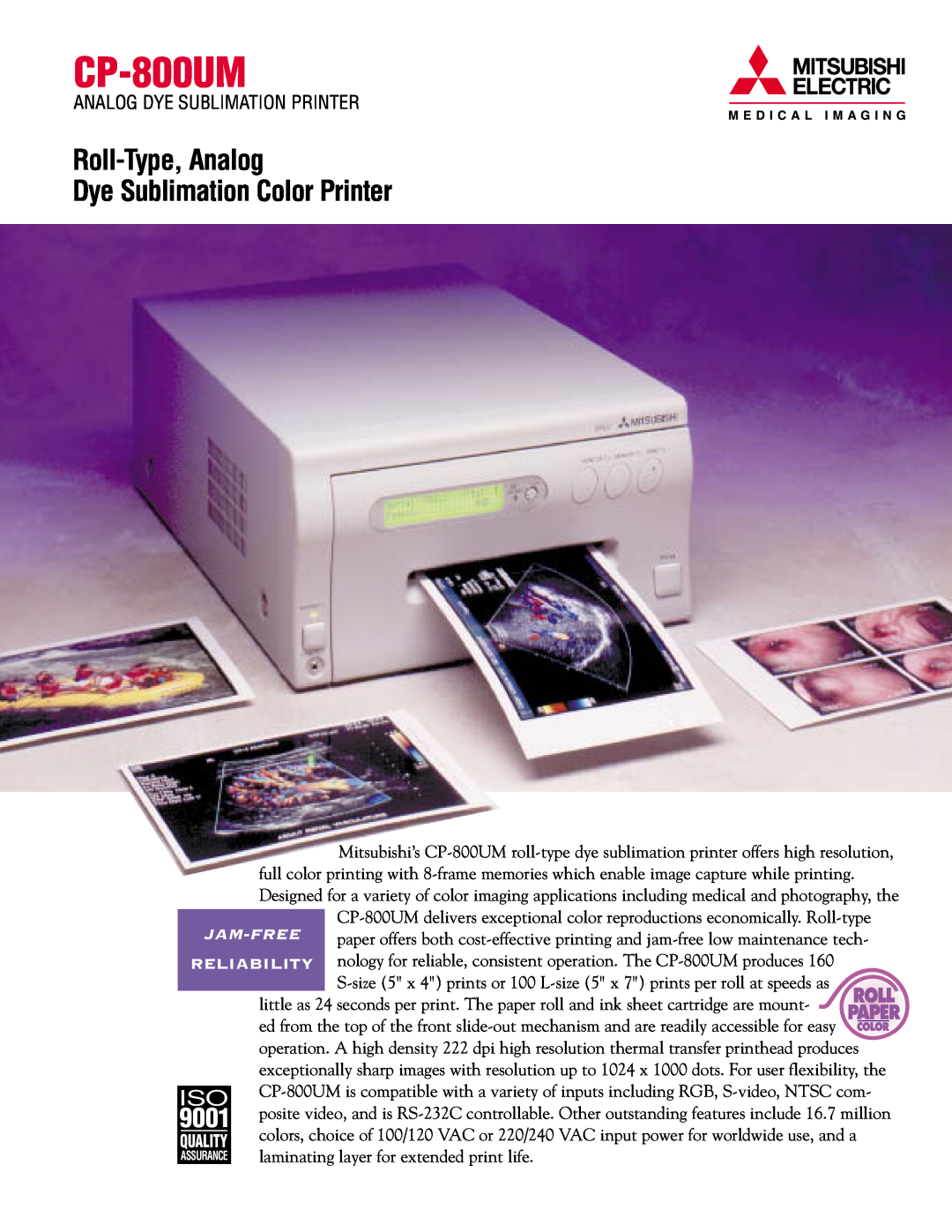 Mitsubishi Electronics CP-800UM manual Analog Dye Sublimation Printer, Roll-Type, Analog Dye Sublimation Color Printer 