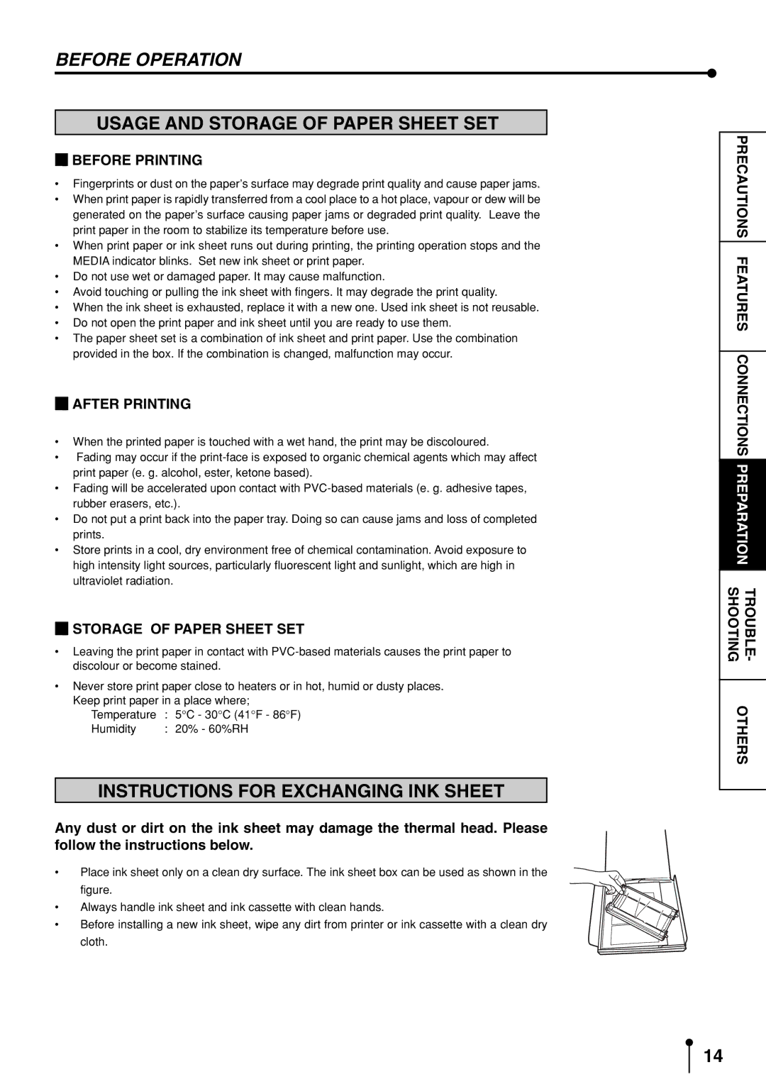 Mitsubishi Electronics CP3020DAE Usage and Storage of Paper Sheet SET, Instructions for Exchanging INK Sheet 