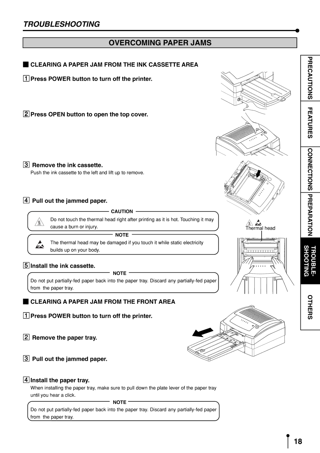 Mitsubishi Electronics CP3020DAE operation manual Overcoming Paper Jams, Clearing a Paper JAM from the INK Cassette Area 