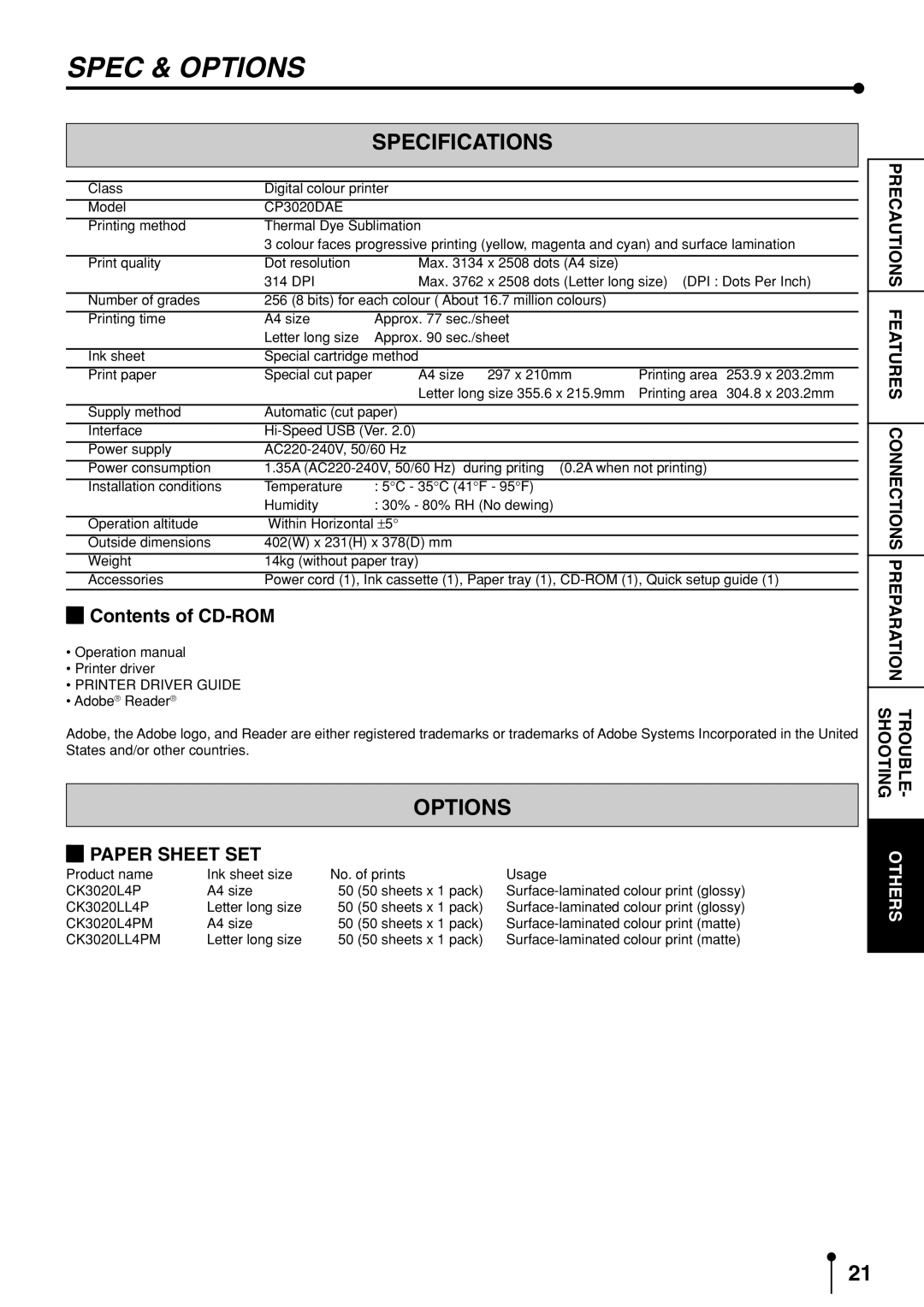 Mitsubishi Electronics CP3020DAE operation manual Spec & Options, Specifications 