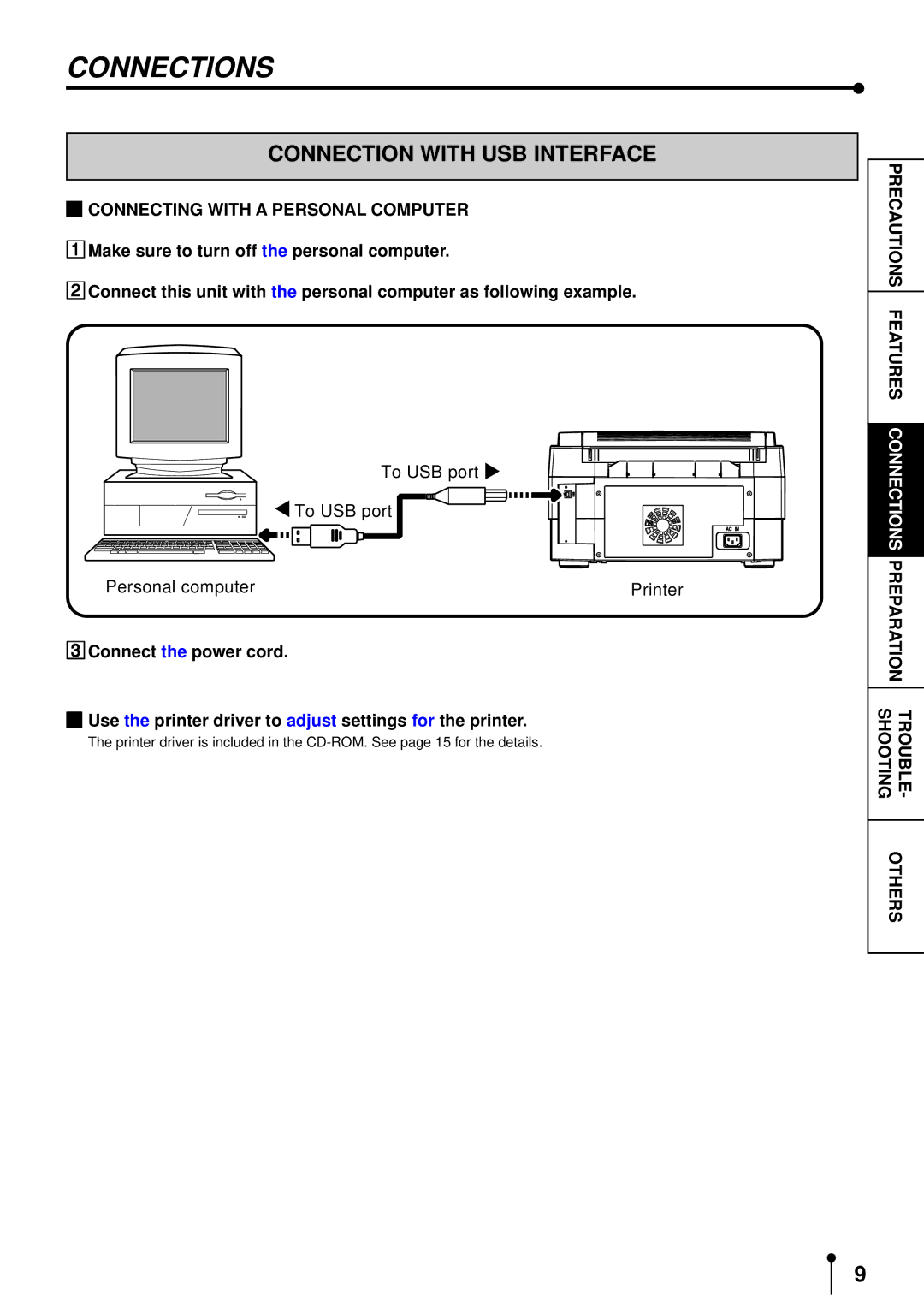 Mitsubishi Electronics CP3020DE Connections, Connection with USB Interface, Connecting with a Personal Computer 