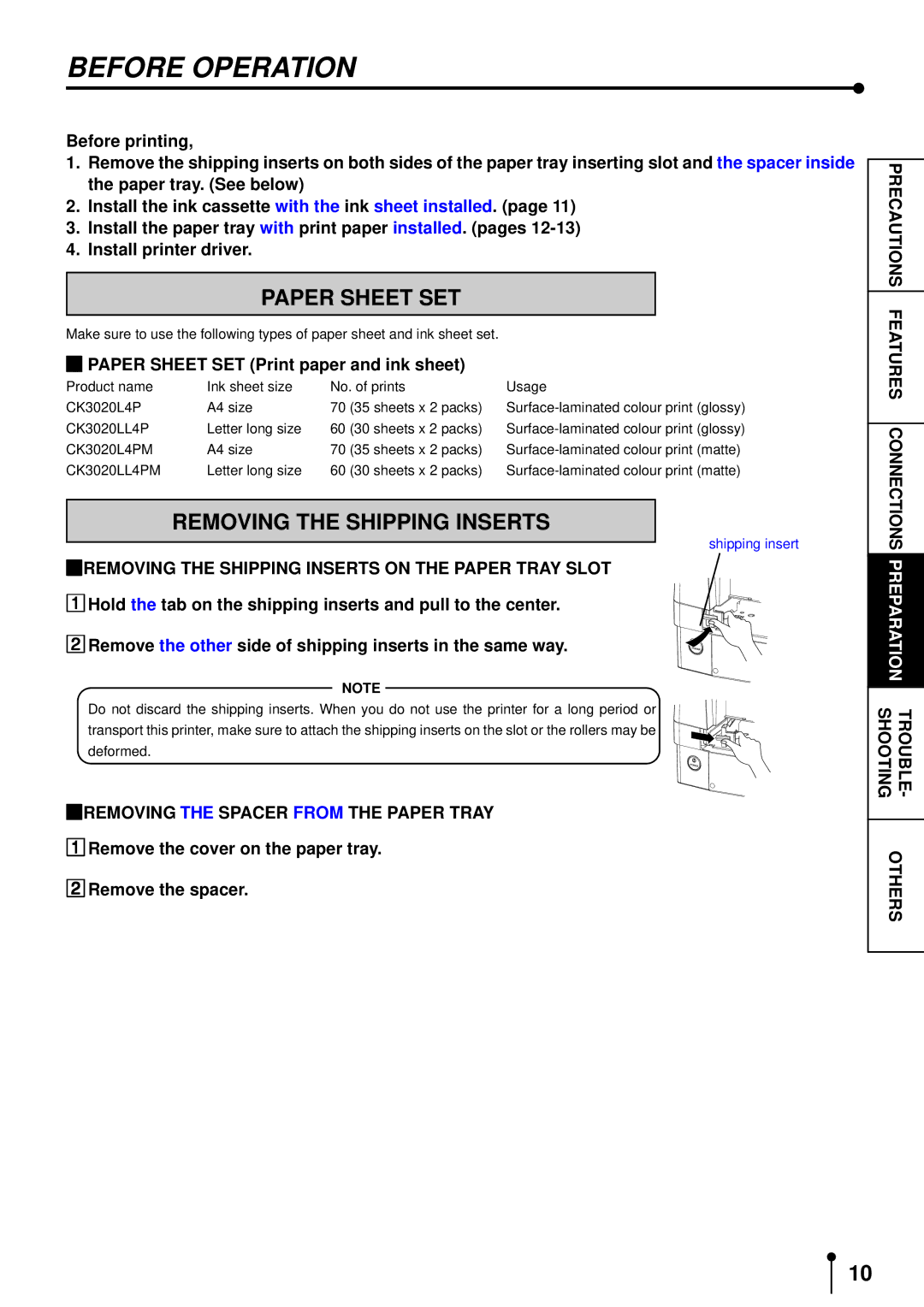 Mitsubishi Electronics CP3020DE operation manual Before Operation, Paper Sheet SET, Removing the Shipping Inserts 