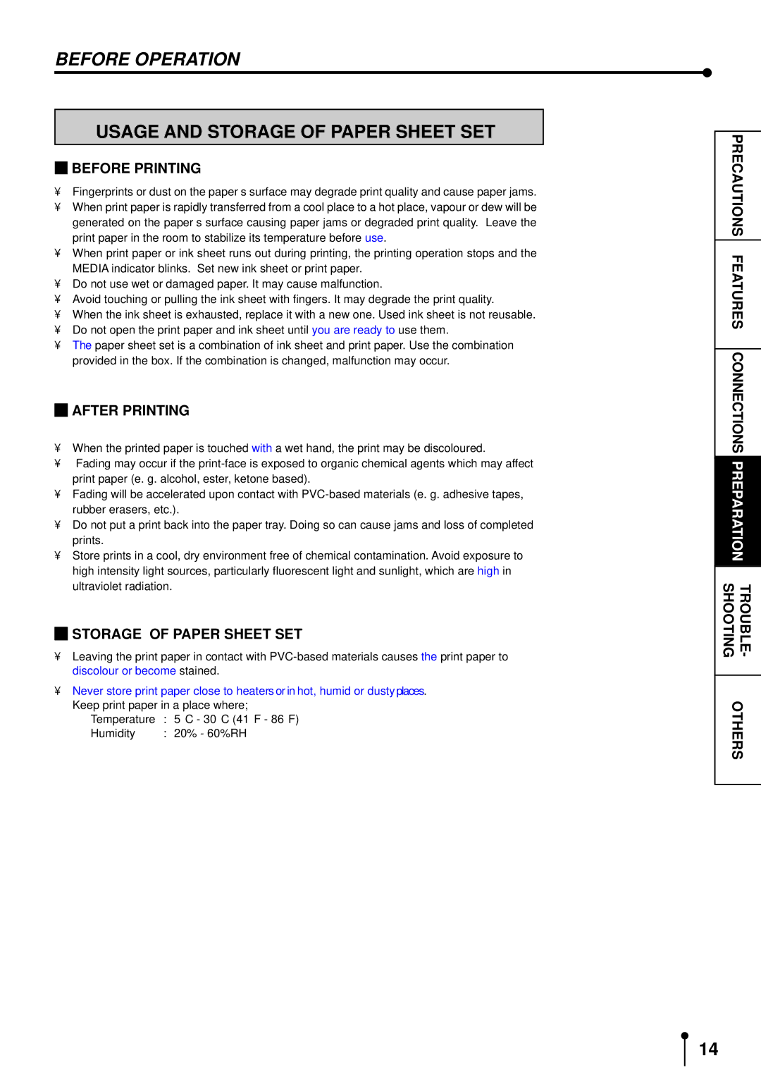 Mitsubishi Electronics CP3020DE operation manual Usage and Storage of Paper Sheet SET, Before Printing, After Printing 