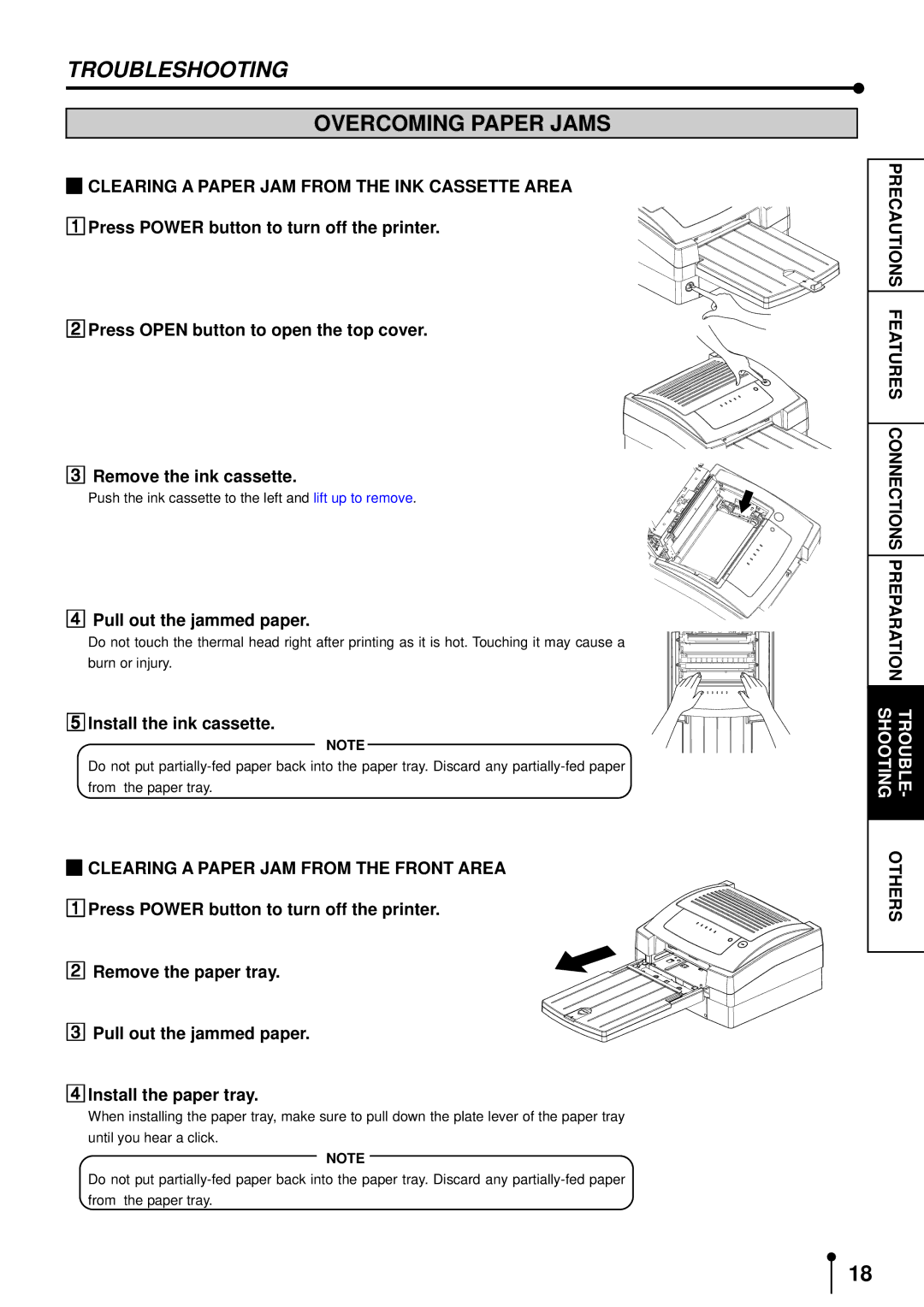 Mitsubishi Electronics CP3020DE Troubleshooting, Overcoming Paper Jams, Clearing a Paper JAM from the INK Cassette Area 