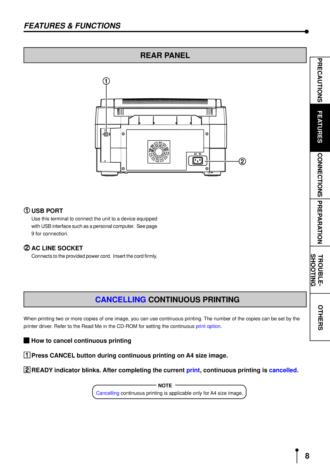 Mitsubishi Electronics CP3020DE operation manual Features & Functions, Rear Panel, Cancelling Continuous Printing 