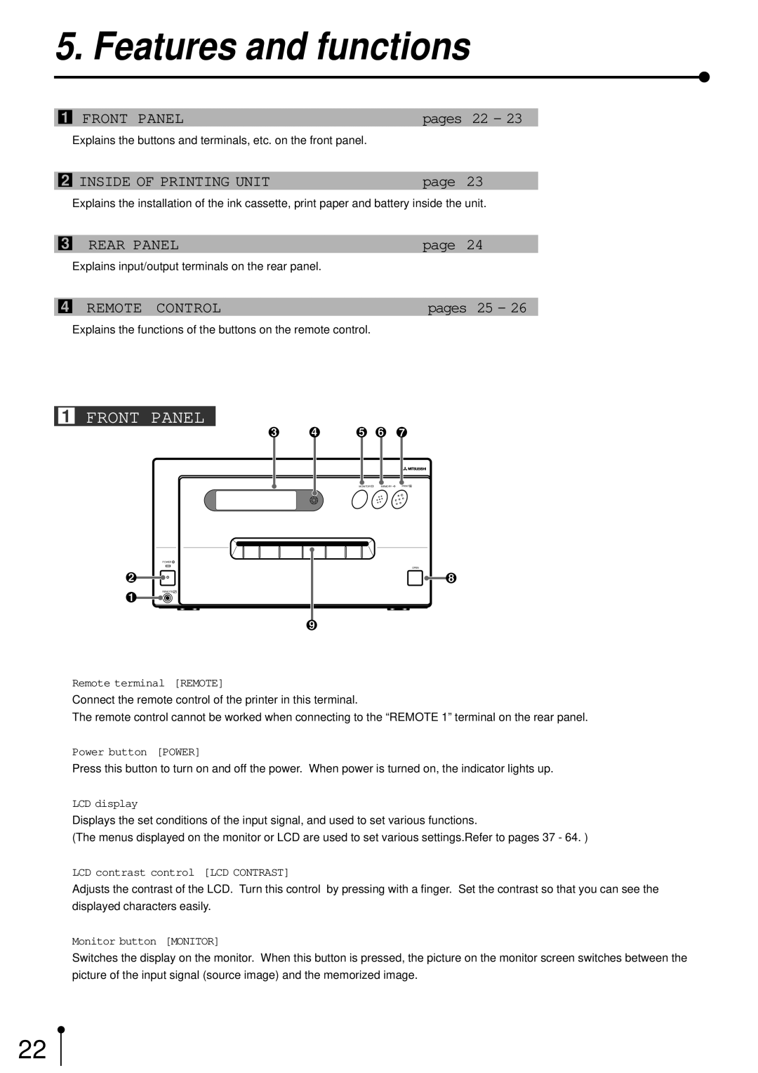 Mitsubishi Electronics CP700E operation manual Features and functions, Front Panel 