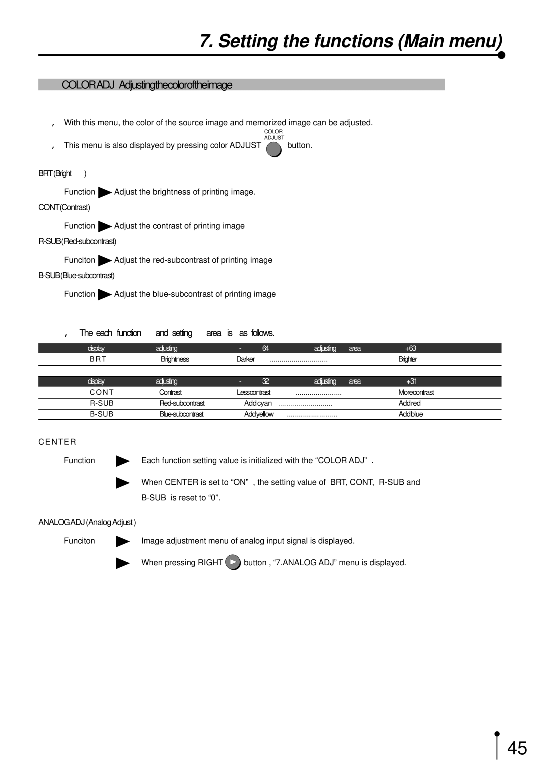 Mitsubishi Electronics CP700E operation manual Color ADJ, Adjusting the color of the image 