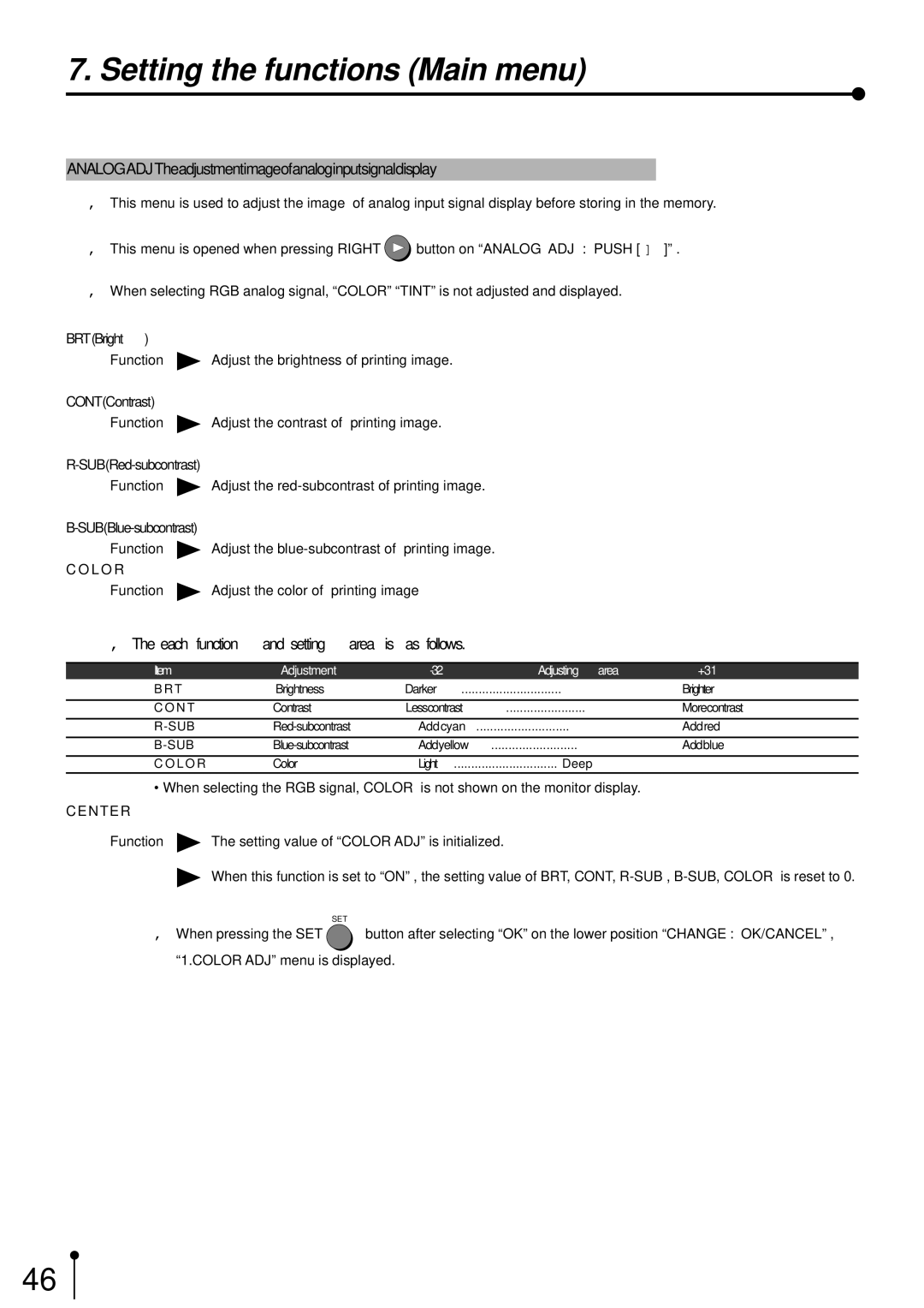 Mitsubishi Electronics CP700E operation manual Function Adjust the red-subcontrast of printing image 