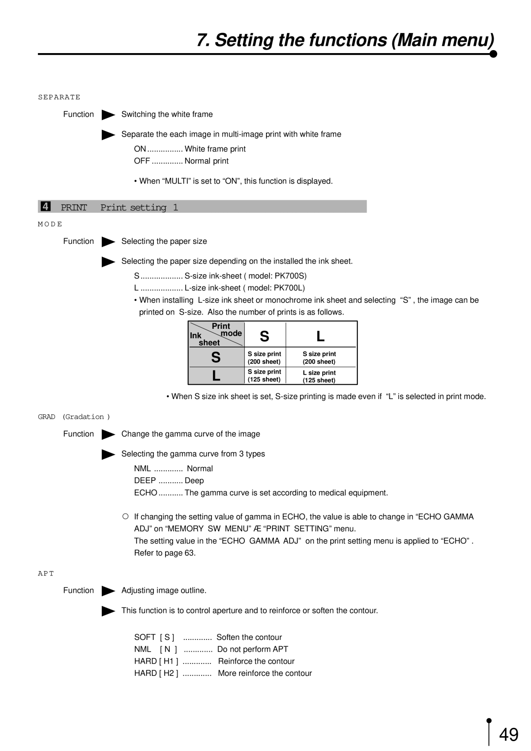 Mitsubishi Electronics CP700E operation manual Print Print setting, Nml, Deep, Echo 