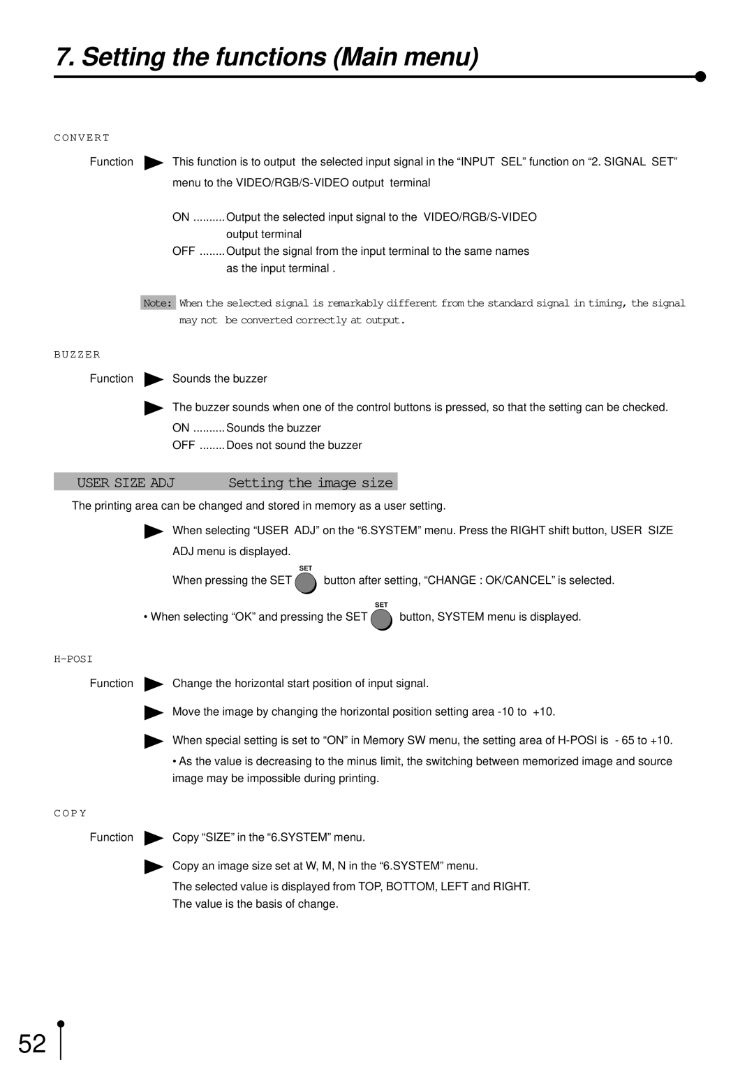 Mitsubishi Electronics CP700E operation manual 1USER Size ADJ, Setting the image size 