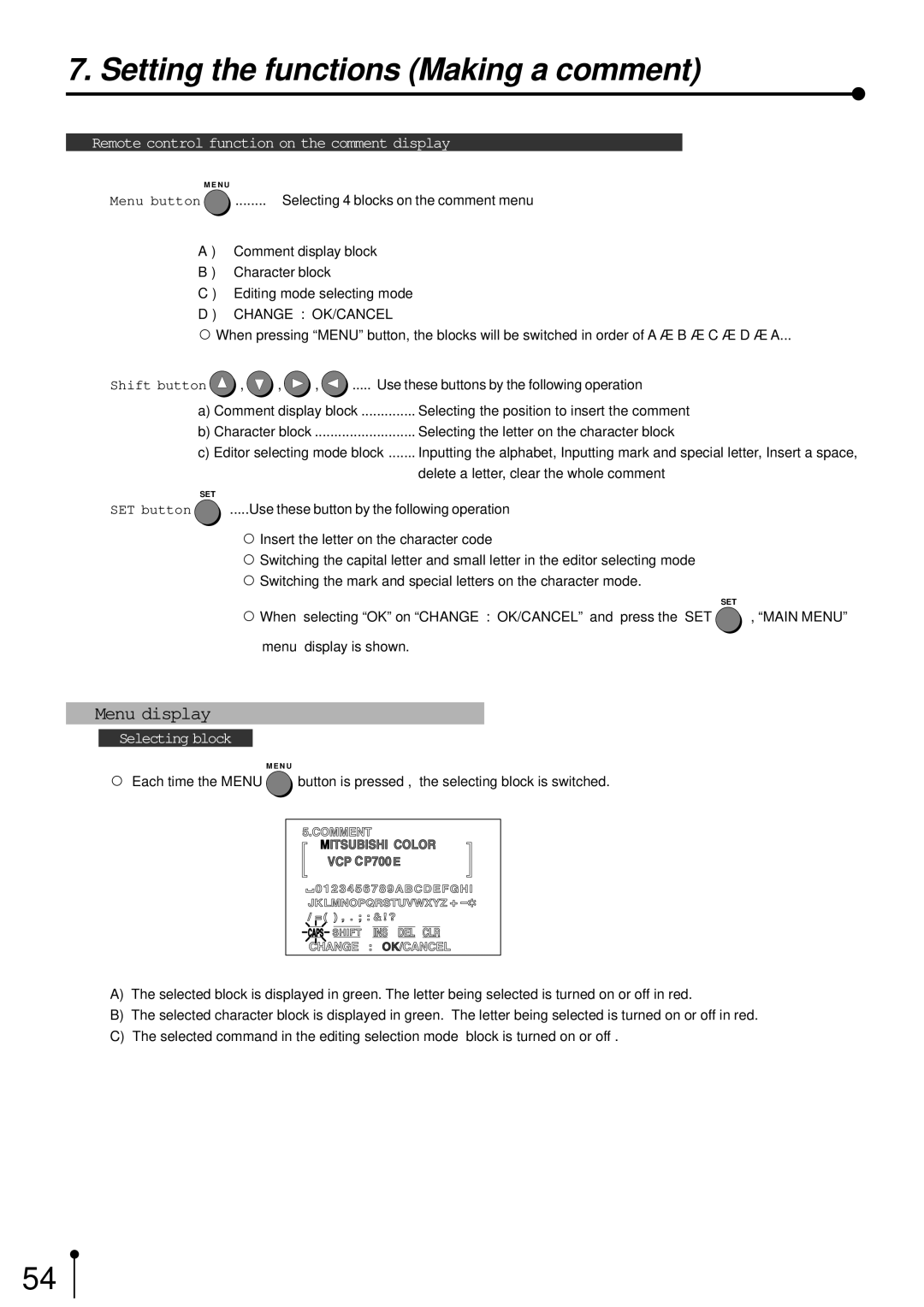 Mitsubishi Electronics CP700E operation manual Menu display, Remote control function on the comment display 