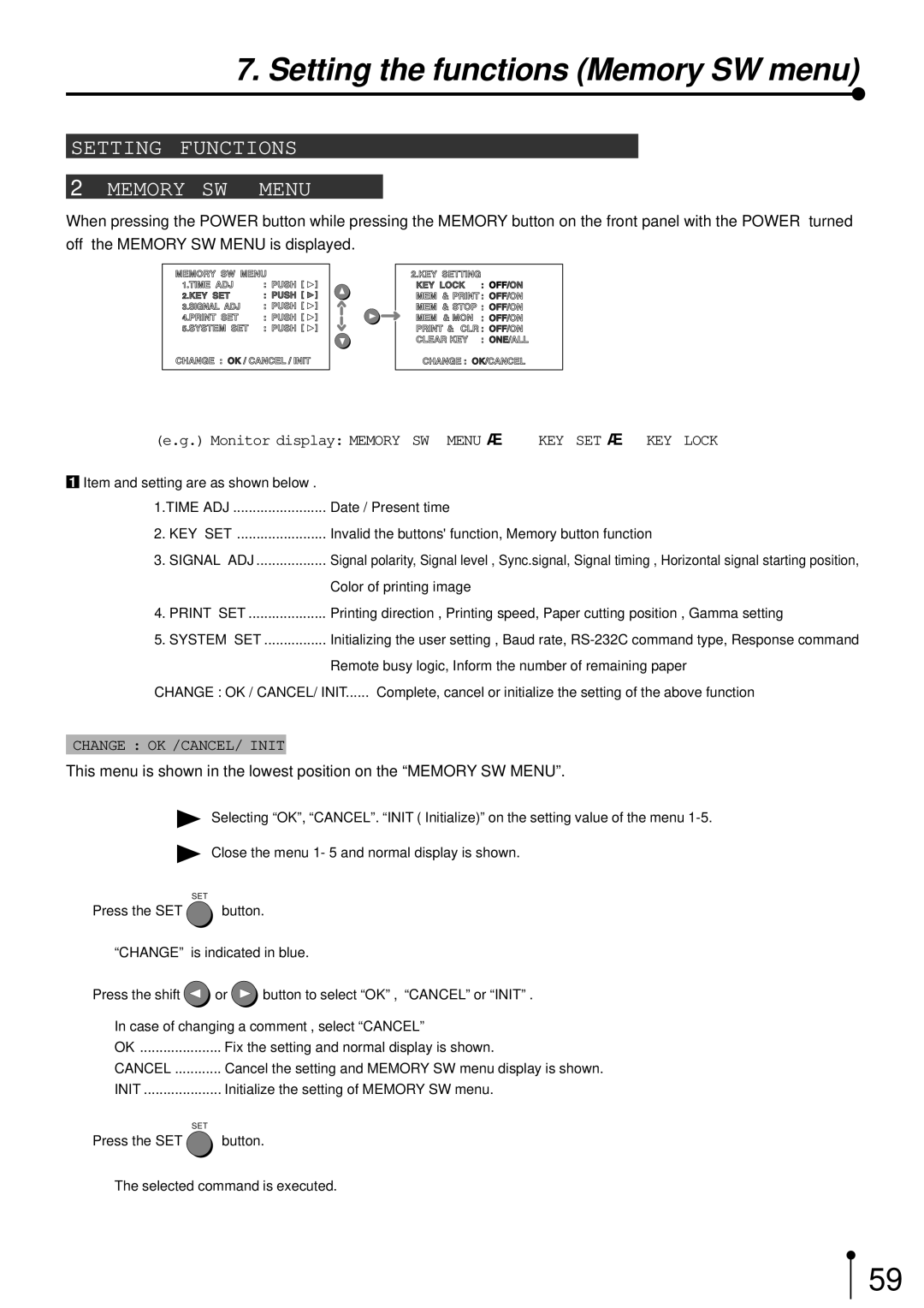 Mitsubishi Electronics CP700E Setting the functions Memory SW menu, Setting Functions Memory SW Menu, Cancel, Init 