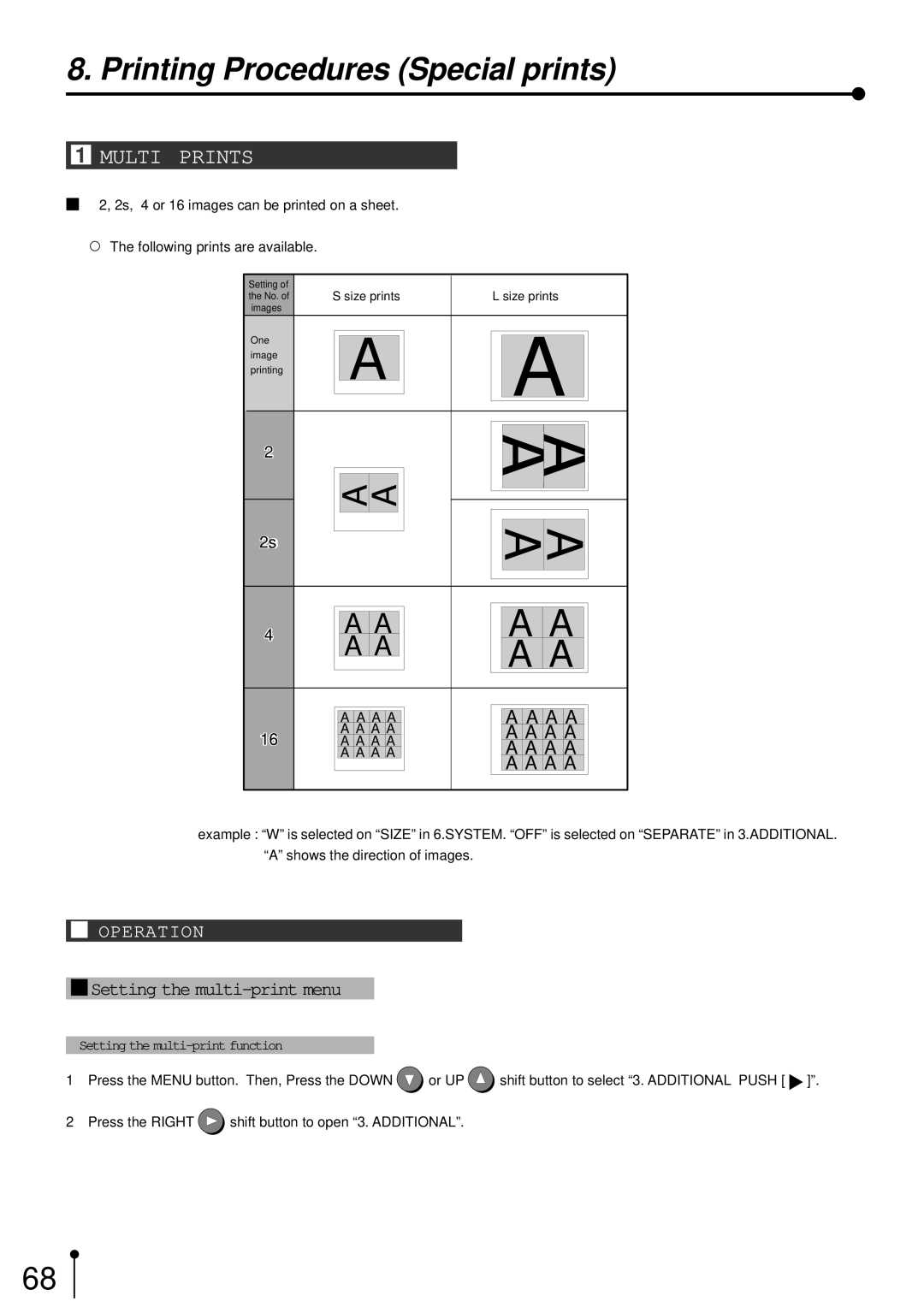 Mitsubishi Electronics CP700E operation manual Multi Prints, Setting the multi-print menu 