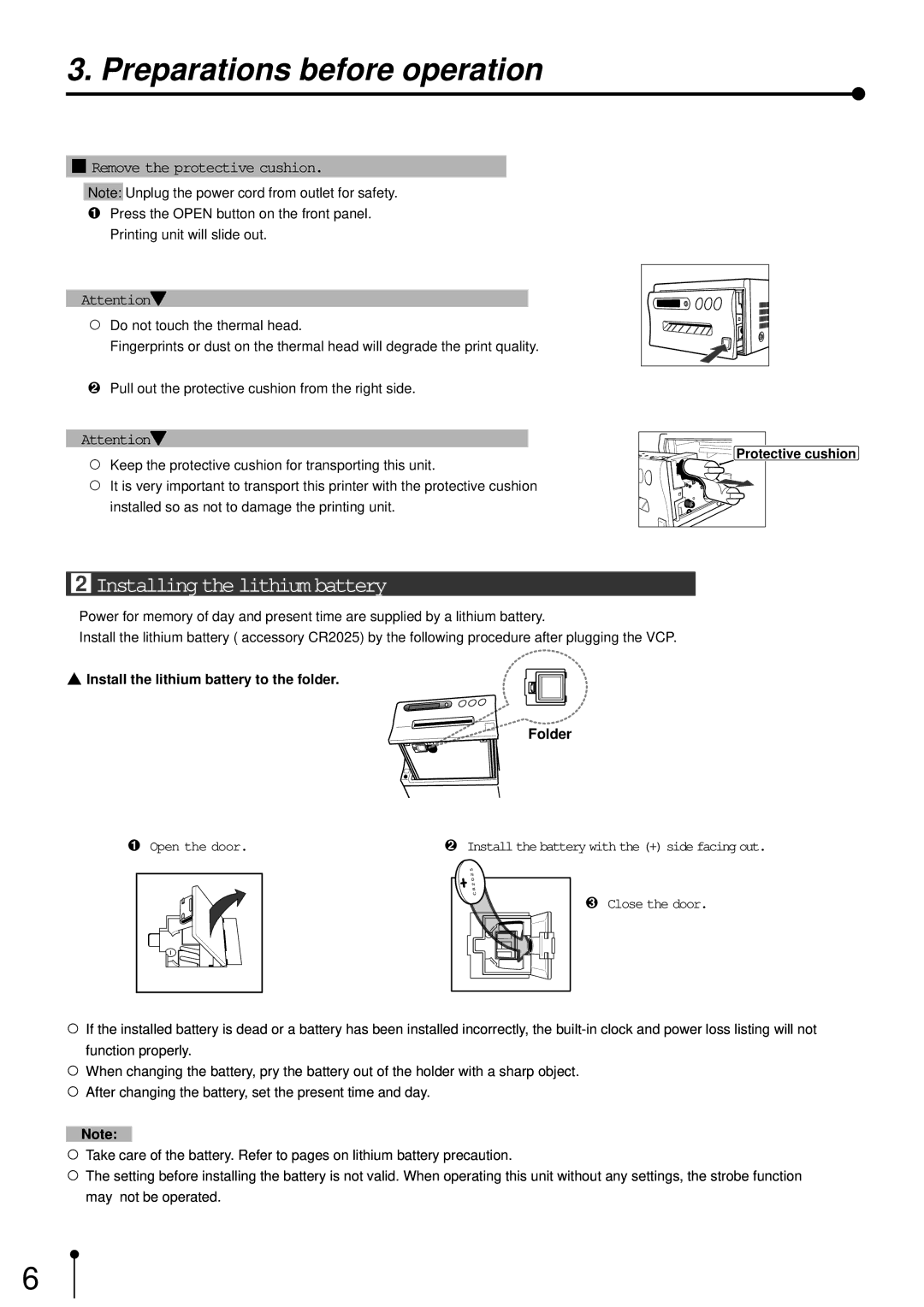 Mitsubishi Electronics CP700E operation manual Preparations before operation, Installing the lithium battery 