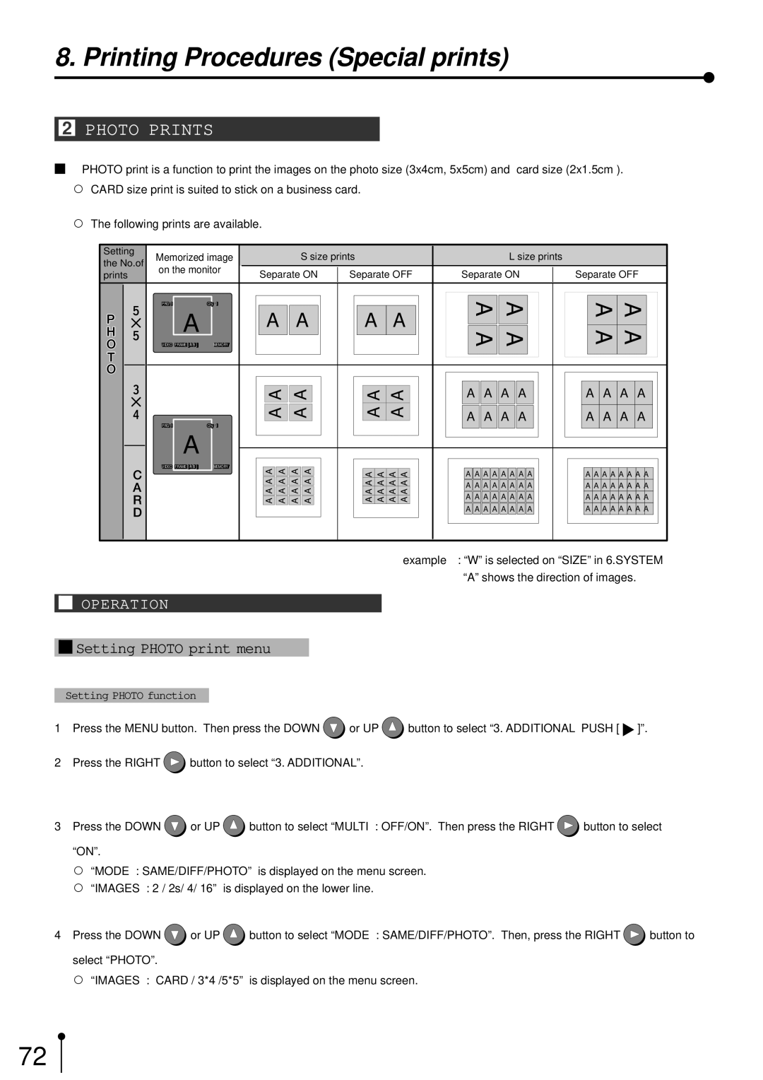 Mitsubishi Electronics CP700E operation manual Photo Prints, Setting Photo print menu 