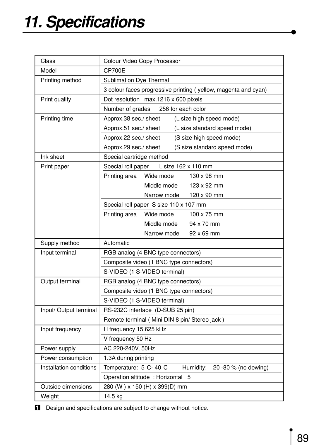 Mitsubishi Electronics CP700E operation manual Specifications 