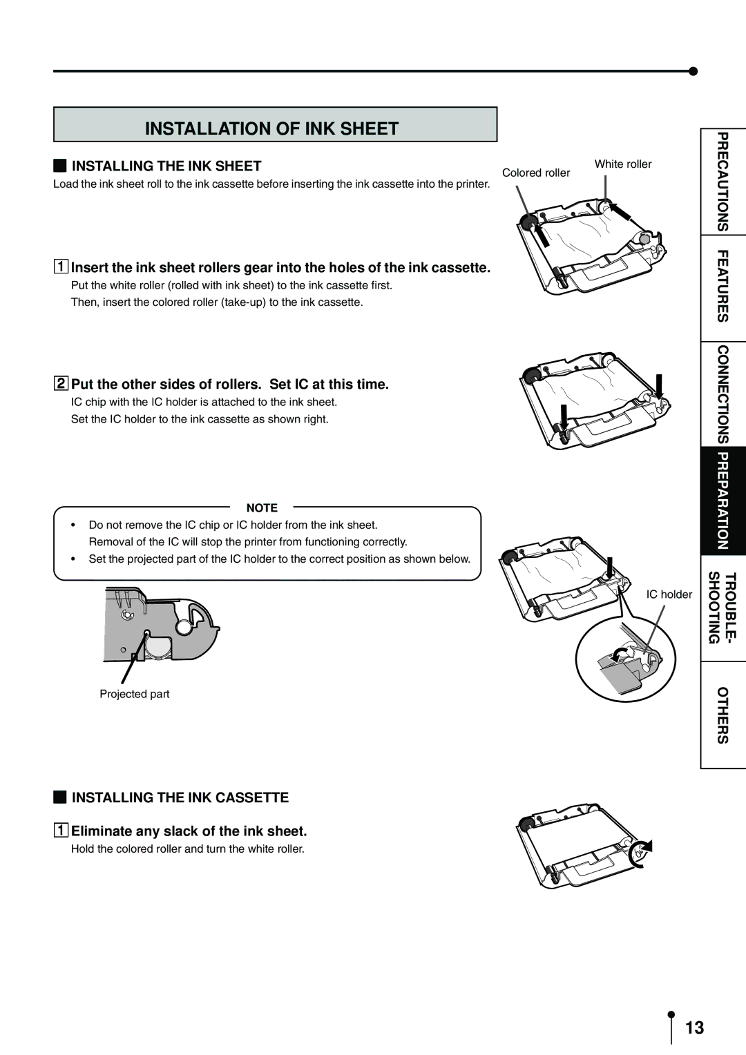 Mitsubishi Electronics CP900DW Installation of INK Sheet, Installing the INK Sheet, Installing the INK Cassette 