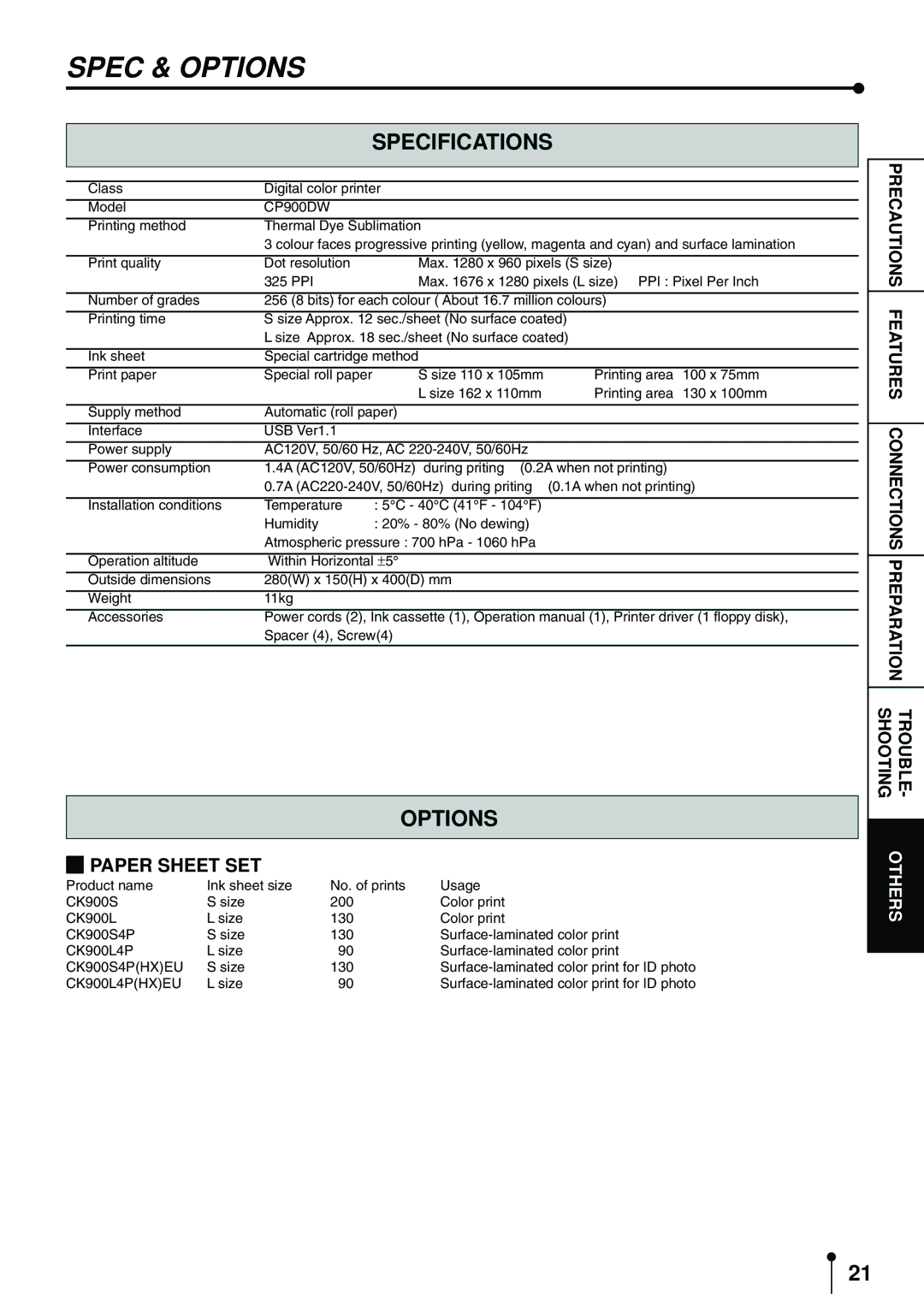 Mitsubishi Electronics CP900DW operation manual Spec & Options, Specifications 