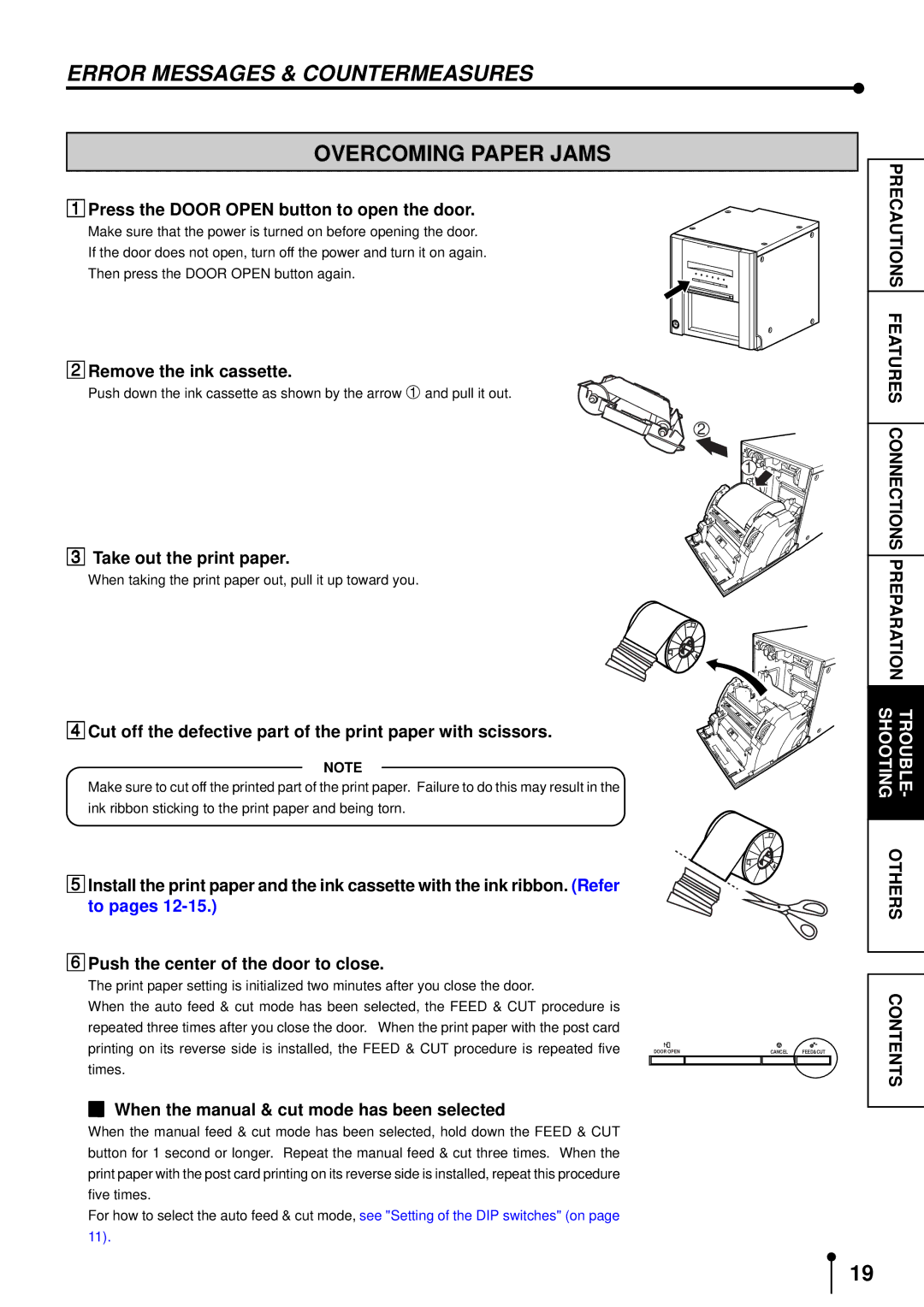 Mitsubishi Electronics CP9500DW Error Messages & Countermeasures, Overcoming Paper Jams, Remove the ink cassette 