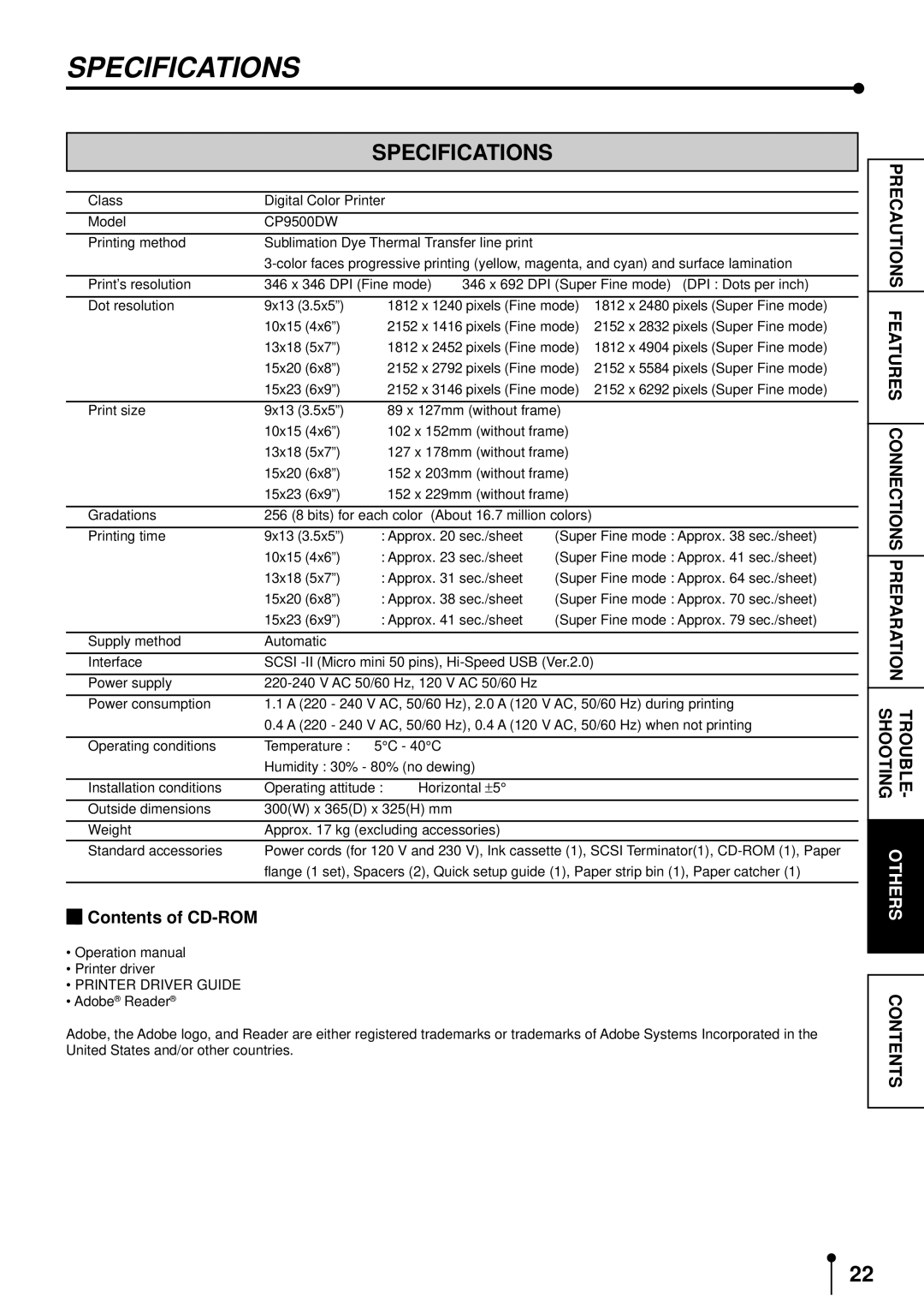 Mitsubishi Electronics CP9500DW operation manual Specifications, Contents of CD-ROM 