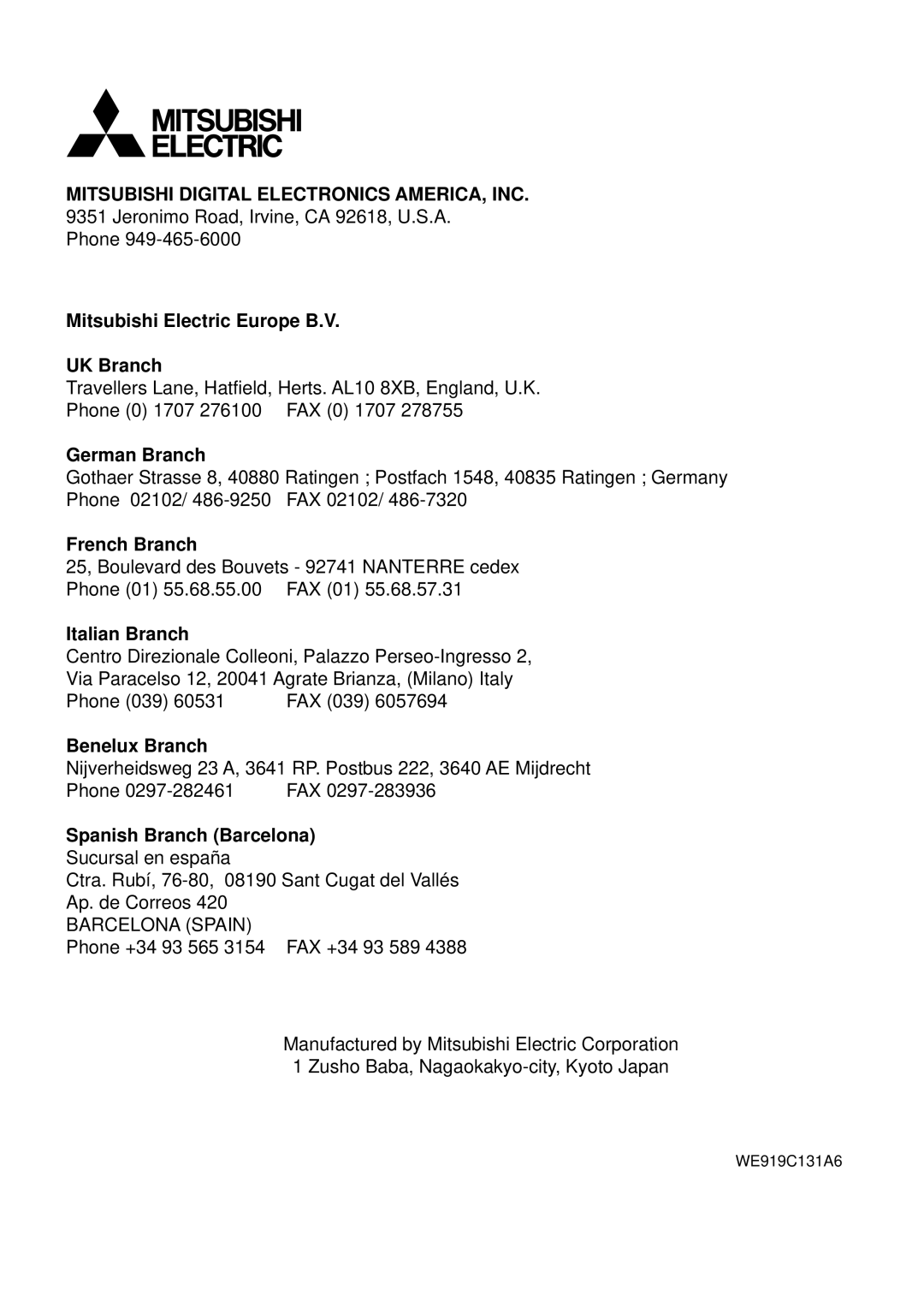 Mitsubishi Electronics CP9500DW operation manual Mitsubishi Electric Europe B.V UK Branch 