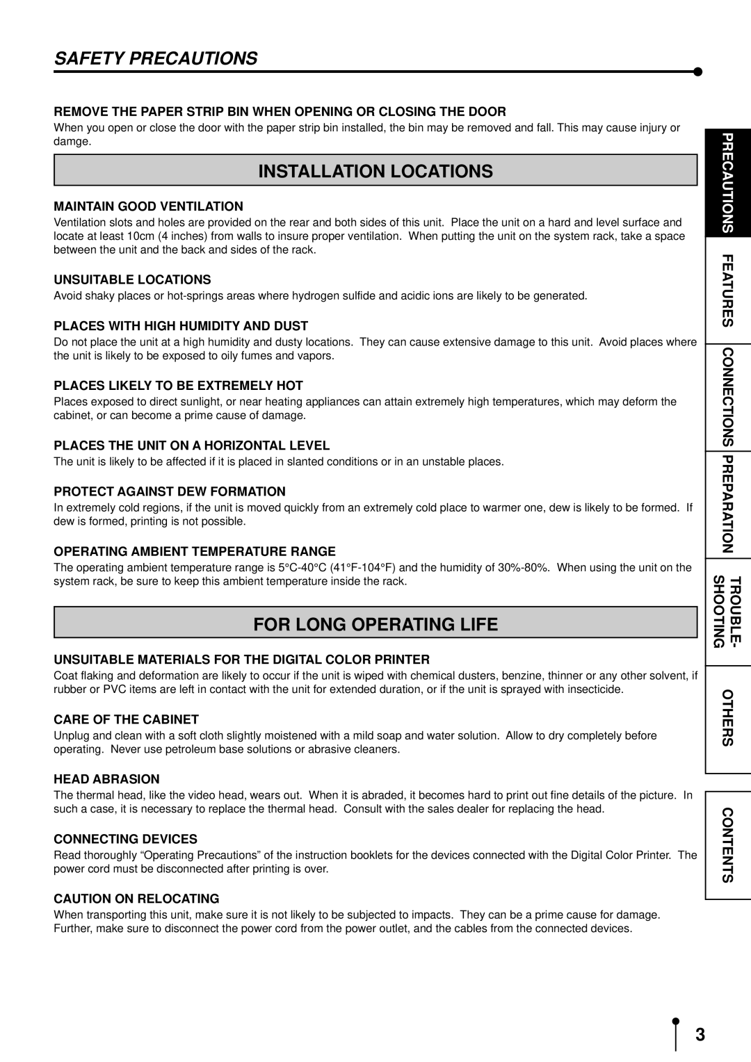 Mitsubishi Electronics CP9500DW operation manual Safety Precautions, Installation Locations, For Long Operating Life 