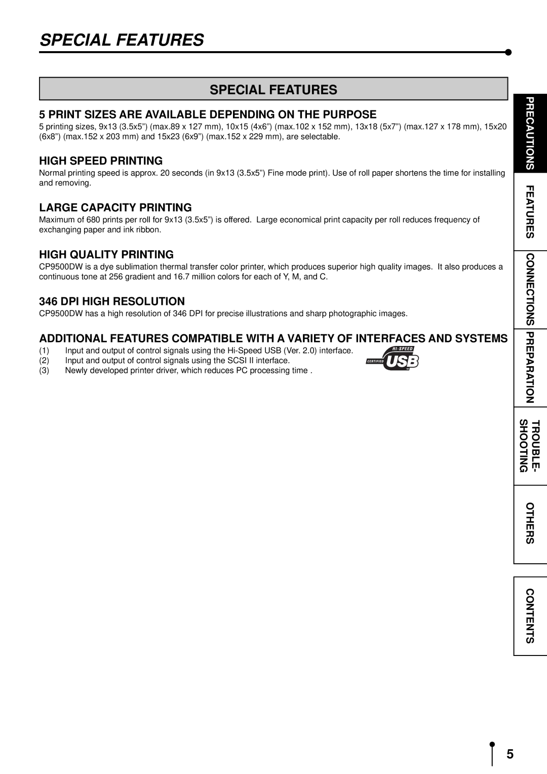 Mitsubishi Electronics CP9500DW operation manual Special Features 