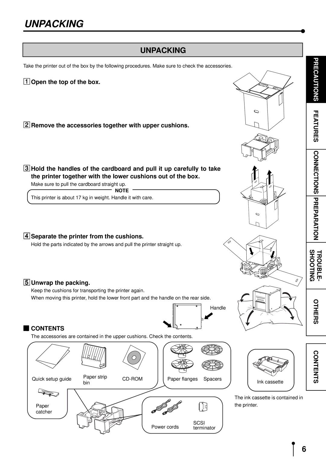 Mitsubishi Electronics CP9500DW operation manual Unpacking, Separate the printer from the cushions, Unwrap the packing 